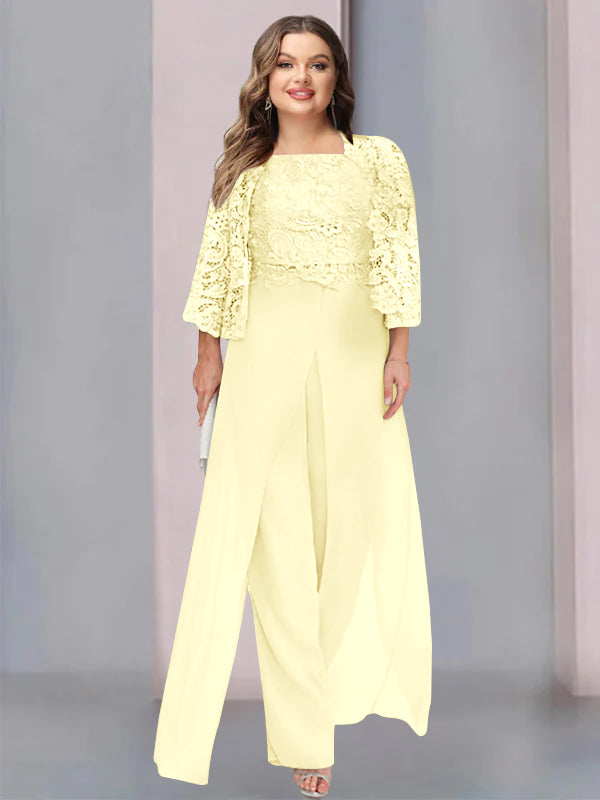 Plus Size Floor-Length Chiffon Pantsuit for the Mother of the Bride with Square Neck and Side Split