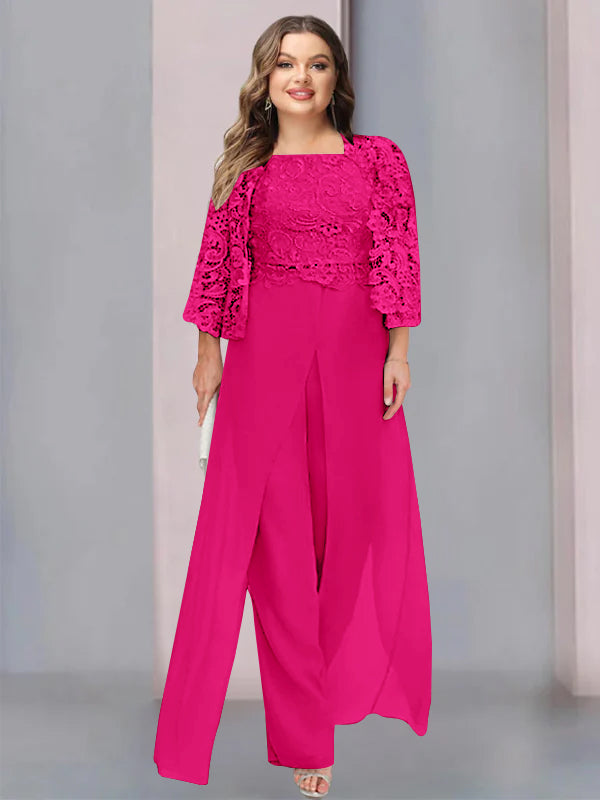 Plus Size Floor-Length Chiffon Pantsuit for the Mother of the Bride with Square Neck and Side Split