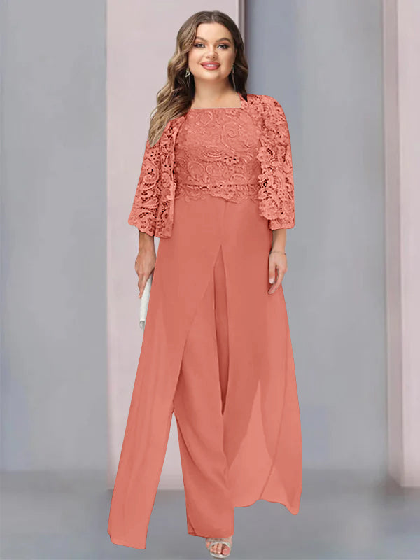 Plus Size Floor-Length Chiffon Pantsuit for the Mother of the Bride with Square Neck and Side Split