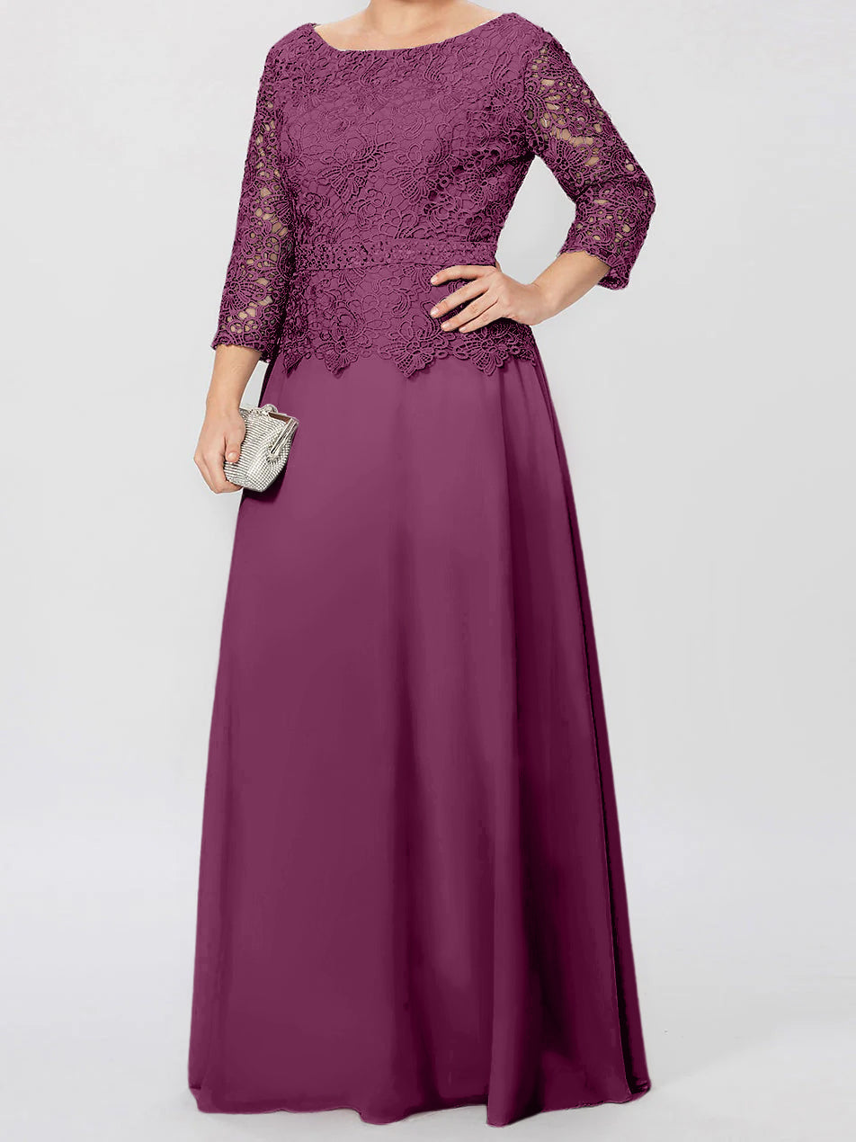 Floor-Length A-Line Princess Gown with Round Neck and 3/4 Sleeves Embellished with Applique & Sequins