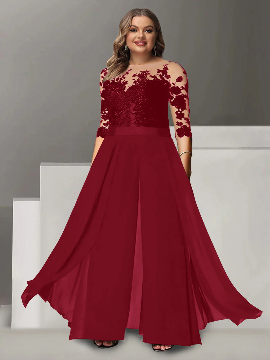 Princess A-Line Floor-Length Plus Size Mother of the Bride Pantsuit with Applique and 3/4 Sleeves Jewel Neck