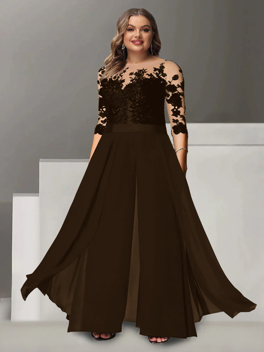 Princess A-Line Floor-Length Plus Size Mother of the Bride Pantsuit with Applique and 3/4 Sleeves Jewel Neck