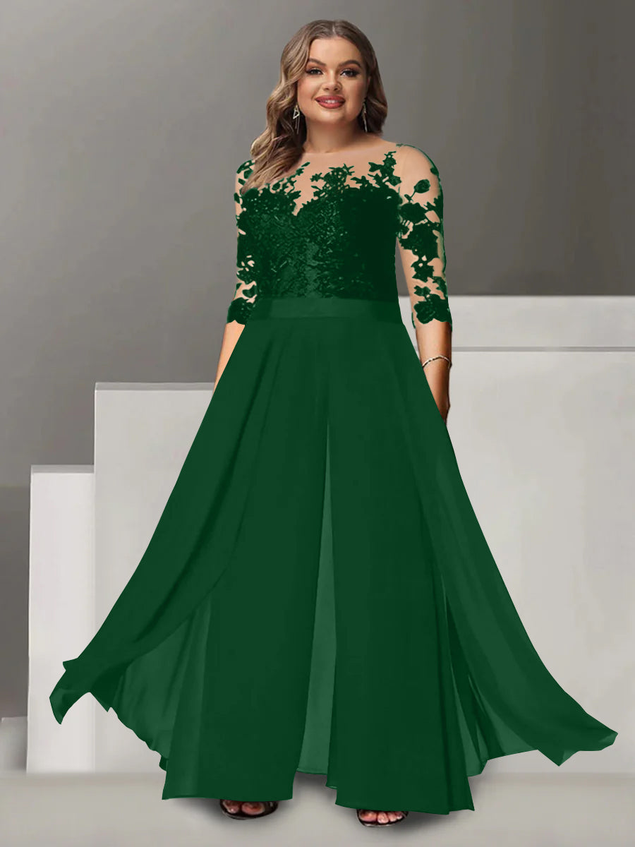 Princess A-Line Floor-Length Plus Size Mother of the Bride Pantsuit with Applique and 3/4 Sleeves Jewel Neck