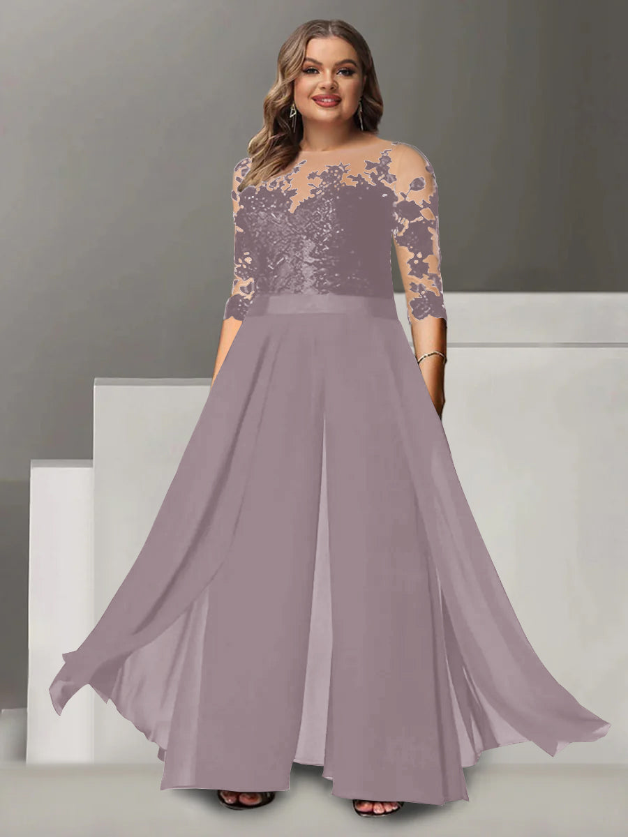 Princess A-Line Floor-Length Plus Size Mother of the Bride Pantsuit with Applique and 3/4 Sleeves Jewel Neck