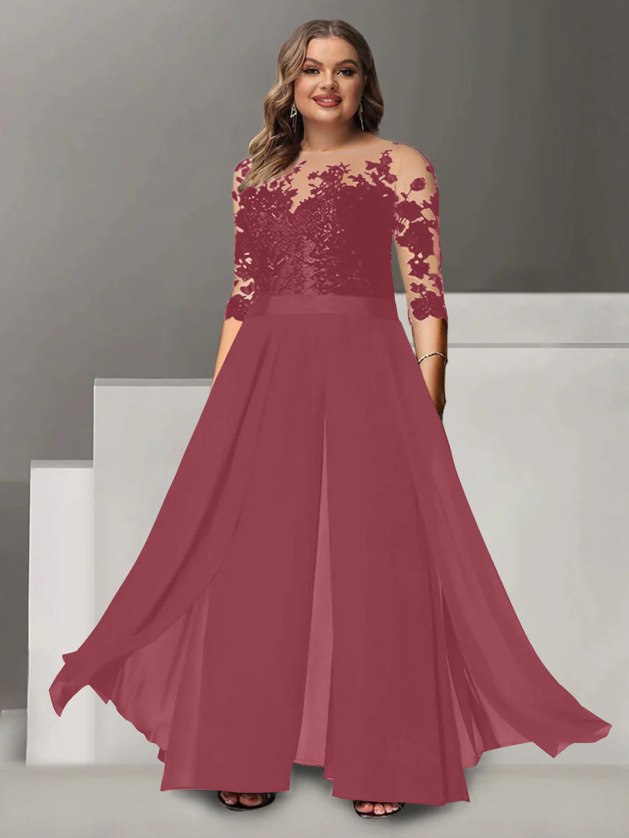 Princess A-Line Floor-Length Plus Size Mother of the Bride Pantsuit with Applique and 3/4 Sleeves Jewel Neck