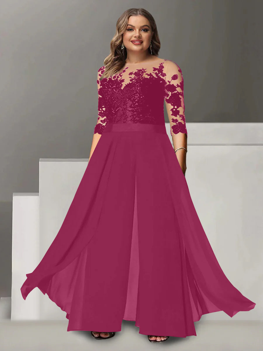 Princess A-Line Floor-Length Plus Size Mother of the Bride Pantsuit with Applique and 3/4 Sleeves Jewel Neck