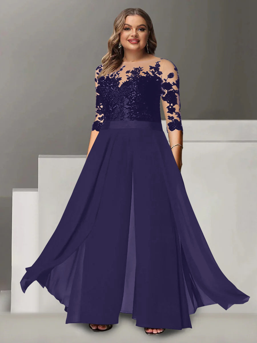 Princess A-Line Floor-Length Plus Size Mother of the Bride Pantsuit with Applique and 3/4 Sleeves Jewel Neck