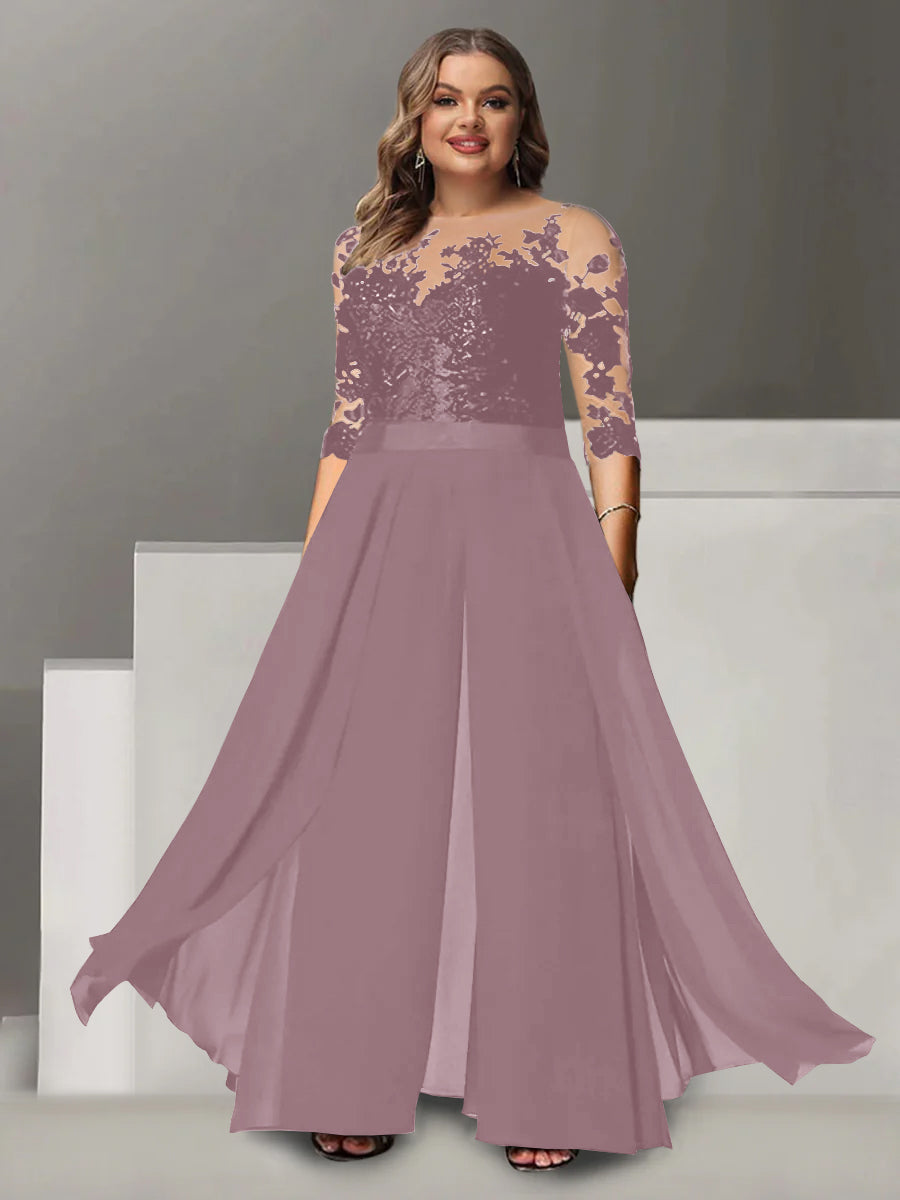 Princess A-Line Floor-Length Plus Size Mother of the Bride Pantsuit with Applique and 3/4 Sleeves Jewel Neck