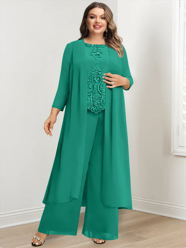 Plus Size Floor-Length Chiffon Pantsuit for the Mother of the Bride with Round Neck and Applique Jacket