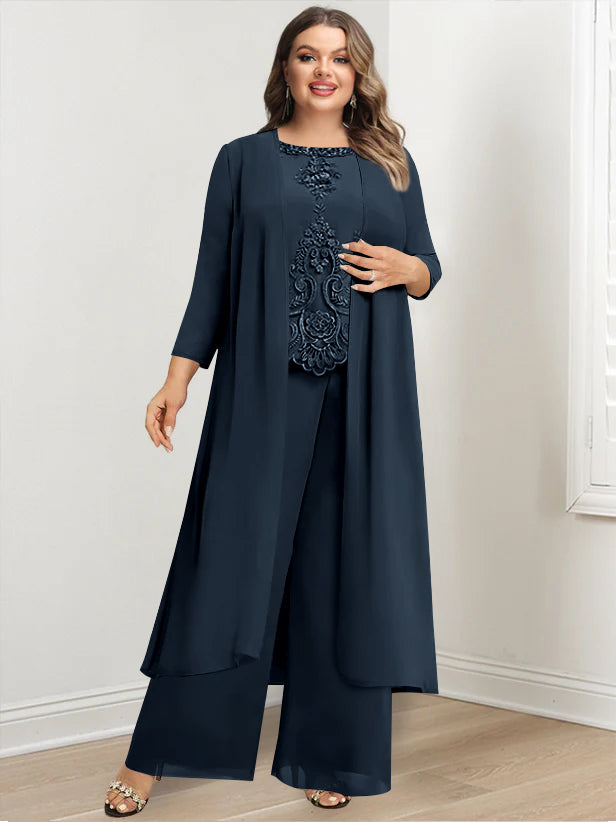 Plus Size Floor-Length Chiffon Pantsuit for the Mother of the Bride with Round Neck and Applique Jacket