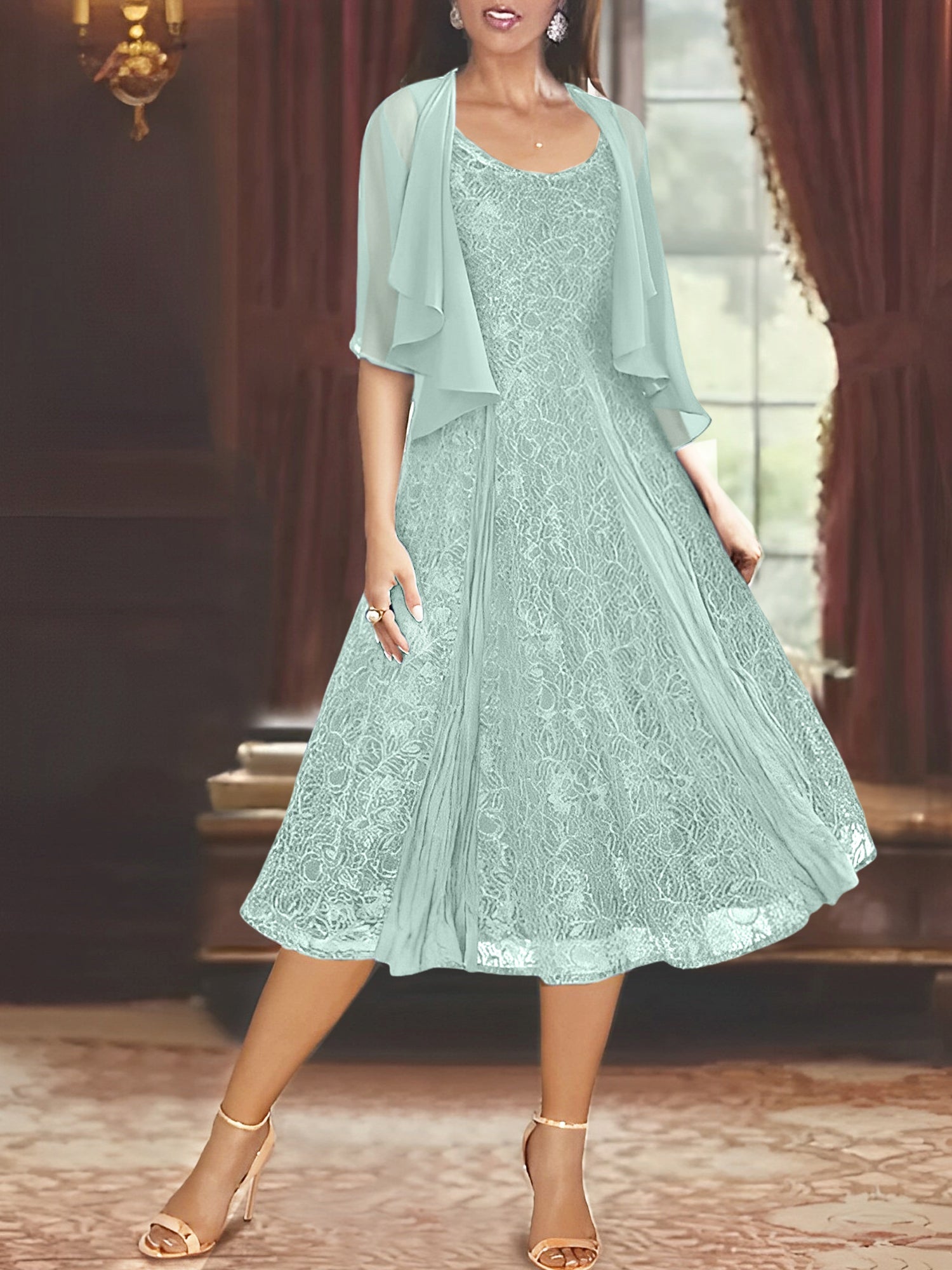 Princess A-Line Tea-Length Mother of the Bride Dress with Scoop Neck Half Sleeves Appliques and Jacket
