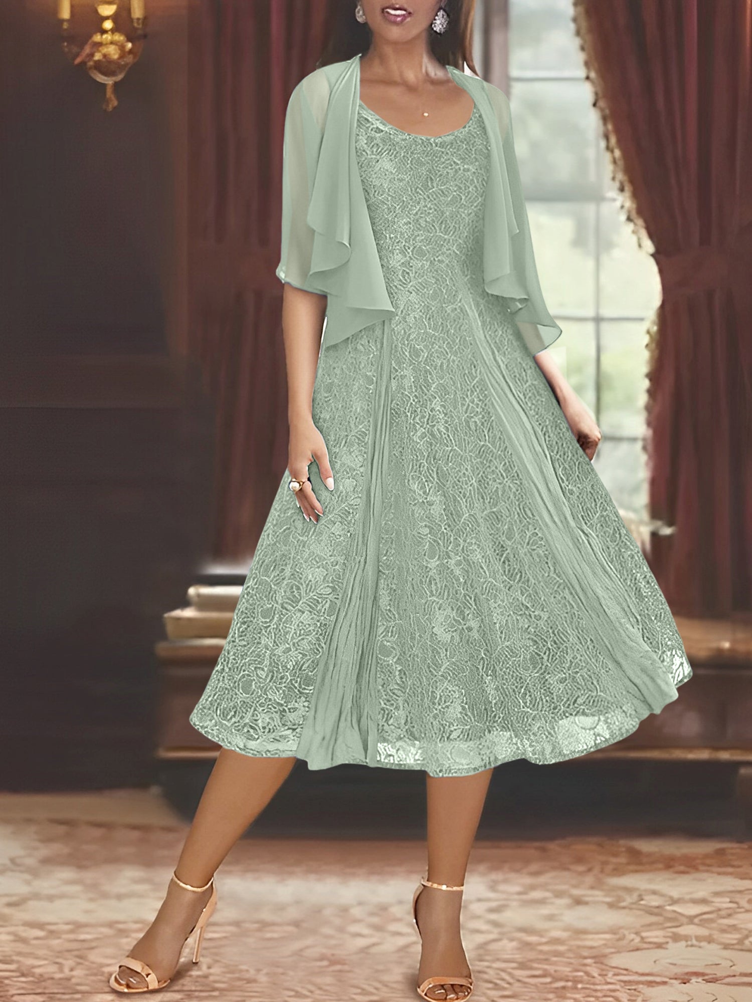 Princess A-Line Tea-Length Mother of the Bride Dress with Scoop Neck Half Sleeves Appliques and Jacket