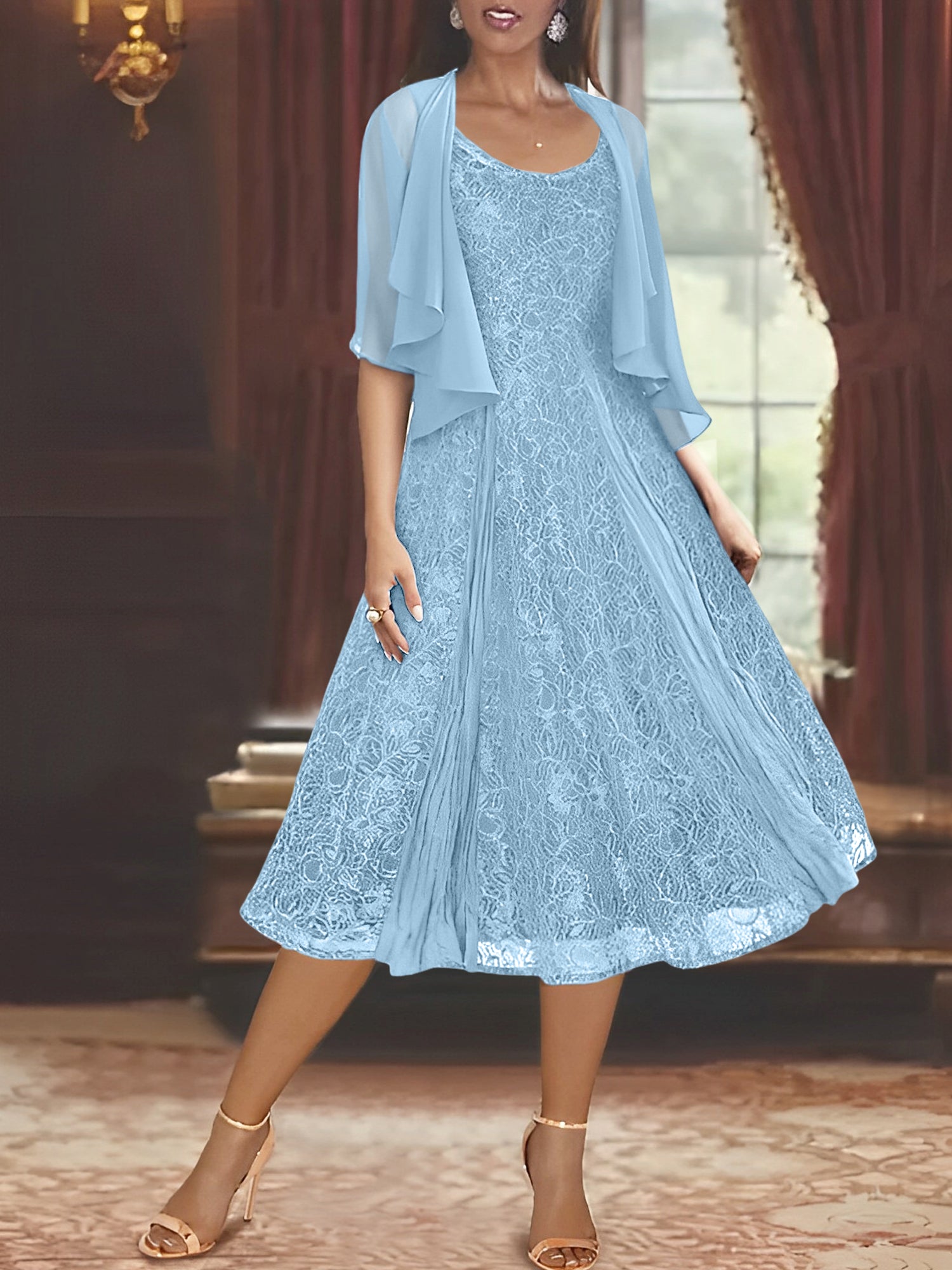 Princess A-Line Tea-Length Mother of the Bride Dress with Scoop Neck Half Sleeves Appliques and Jacket