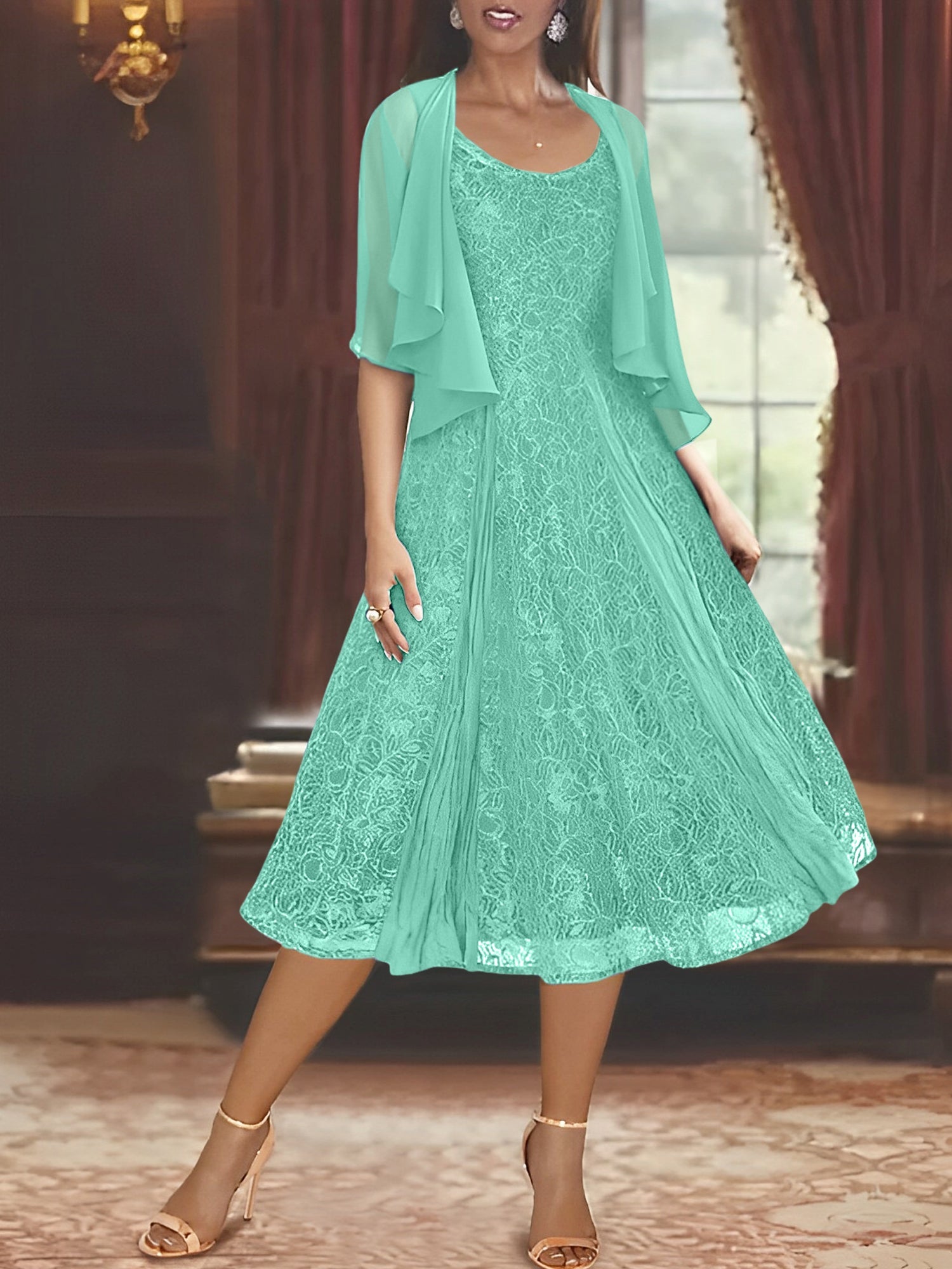Princess A-Line Tea-Length Mother of the Bride Dress with Scoop Neck Half Sleeves Appliques and Jacket