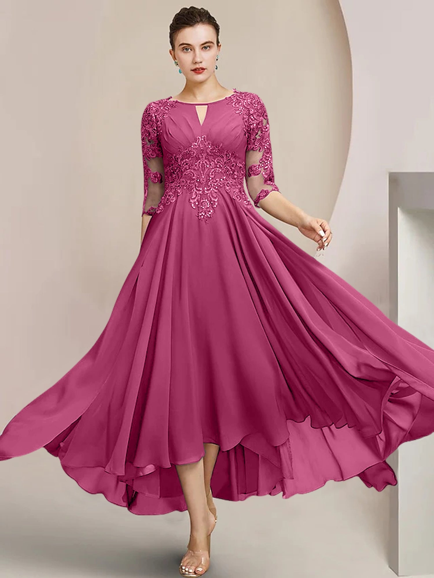 Scoop Neck Tea-Length A-Line Mother of the Bride Princess Dress