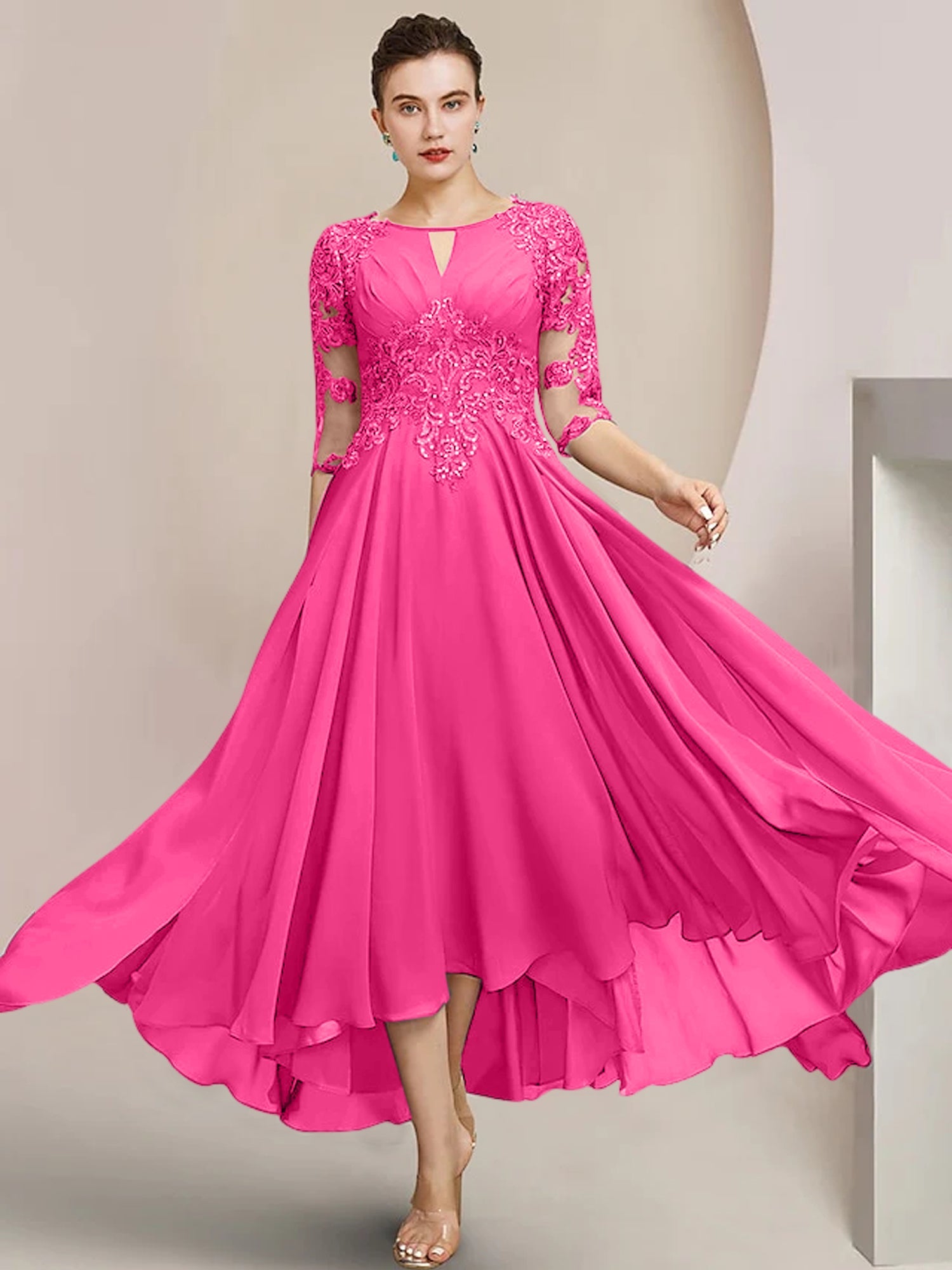 Scoop Neck Tea-Length A-Line Mother of the Bride Princess Dress