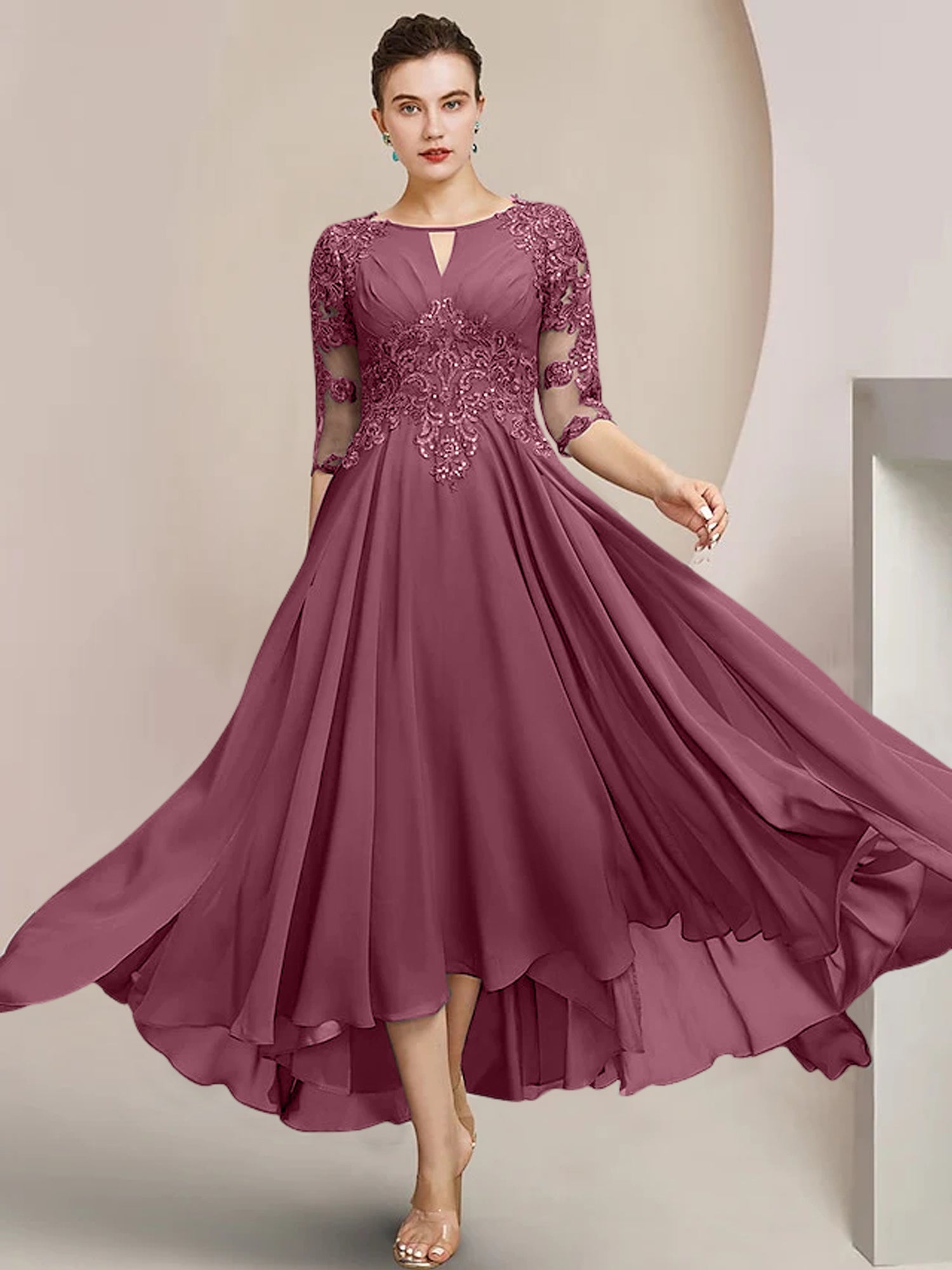 Scoop Neck Tea-Length A-Line Mother of the Bride Princess Dress