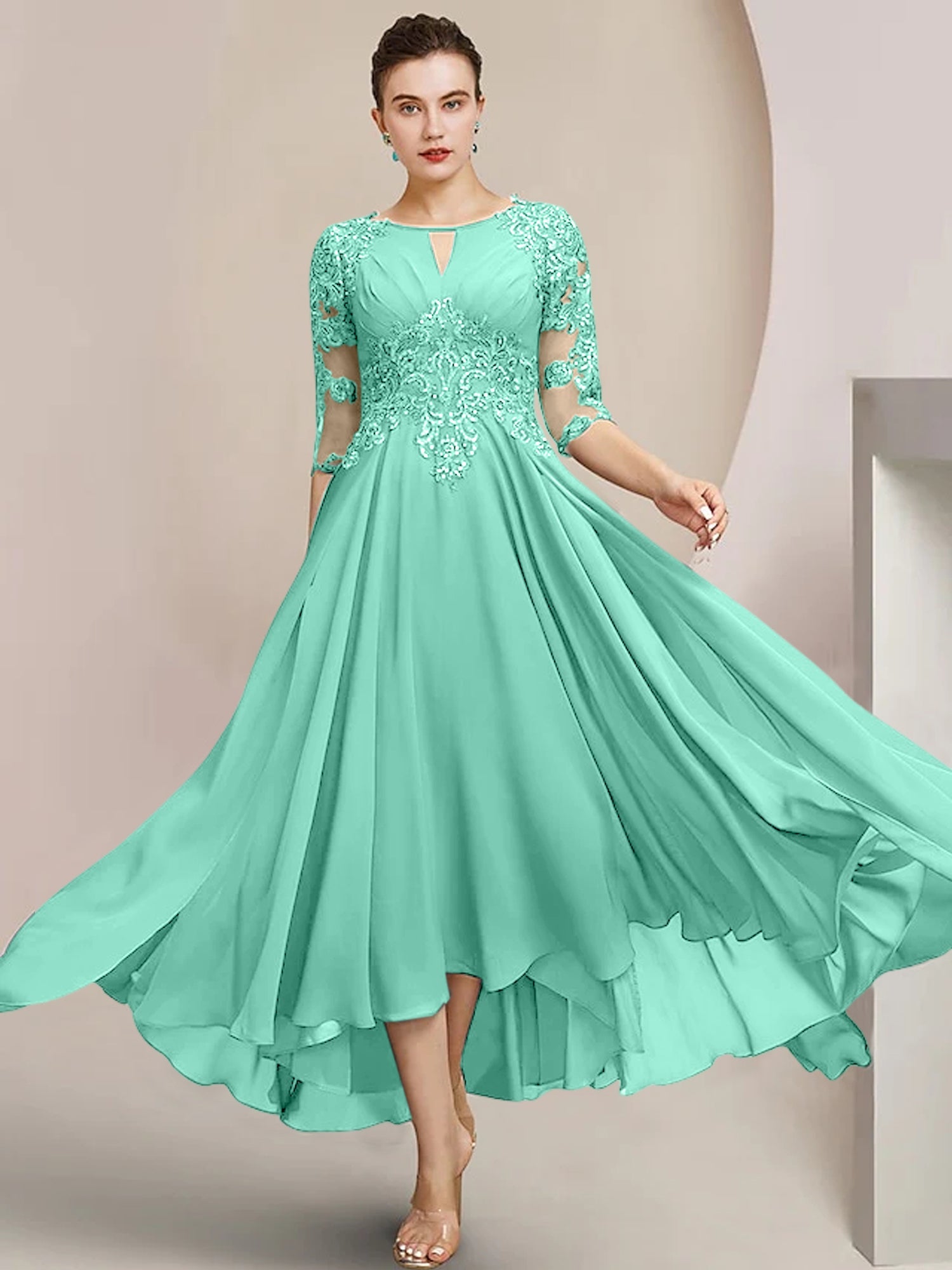 Scoop Neck Tea-Length A-Line Mother of the Bride Princess Dress