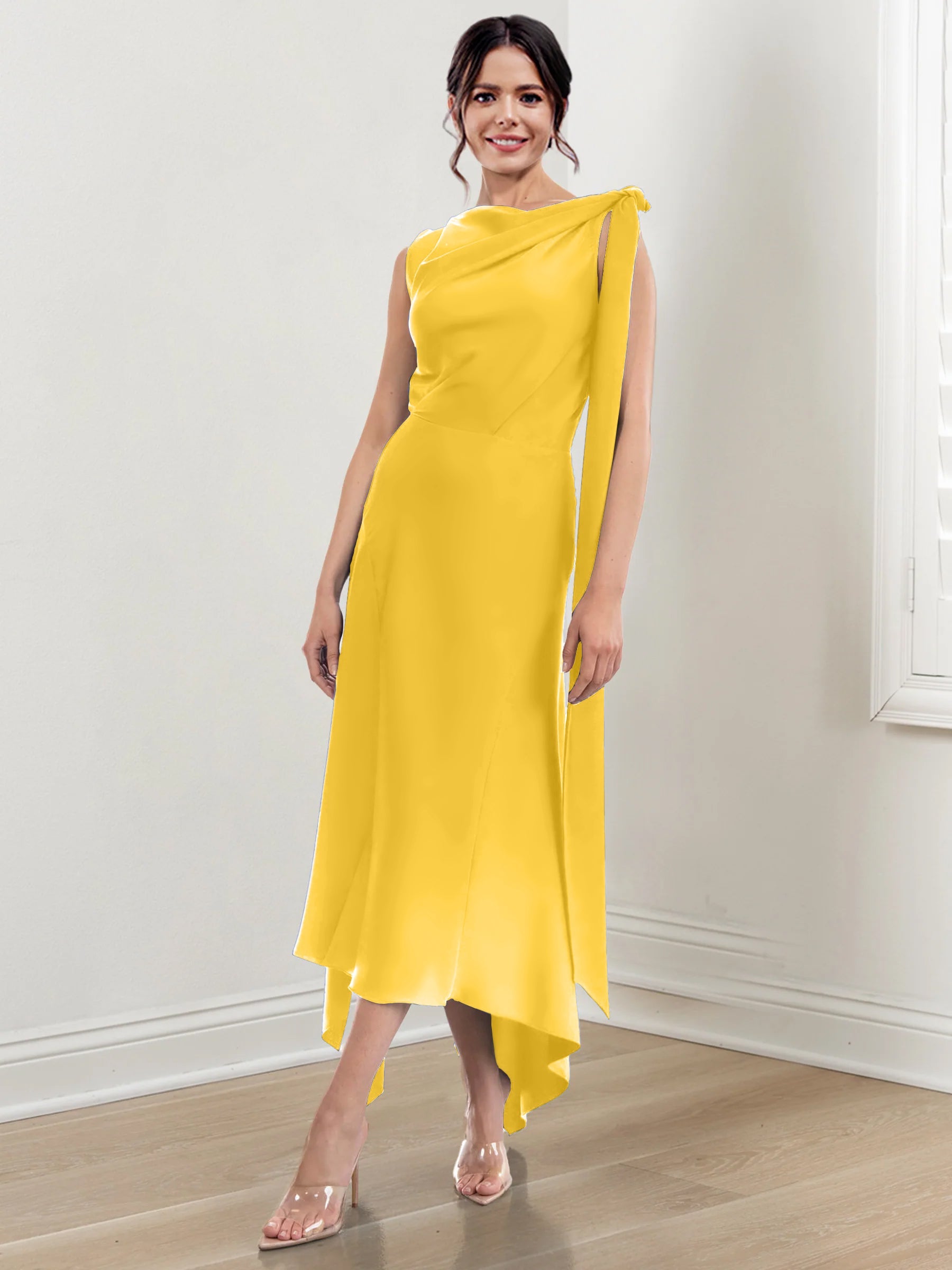 Asymmetrical Tea-Length Mother of the Bride Sheath Dress with Ruched Column Jewel Neck
