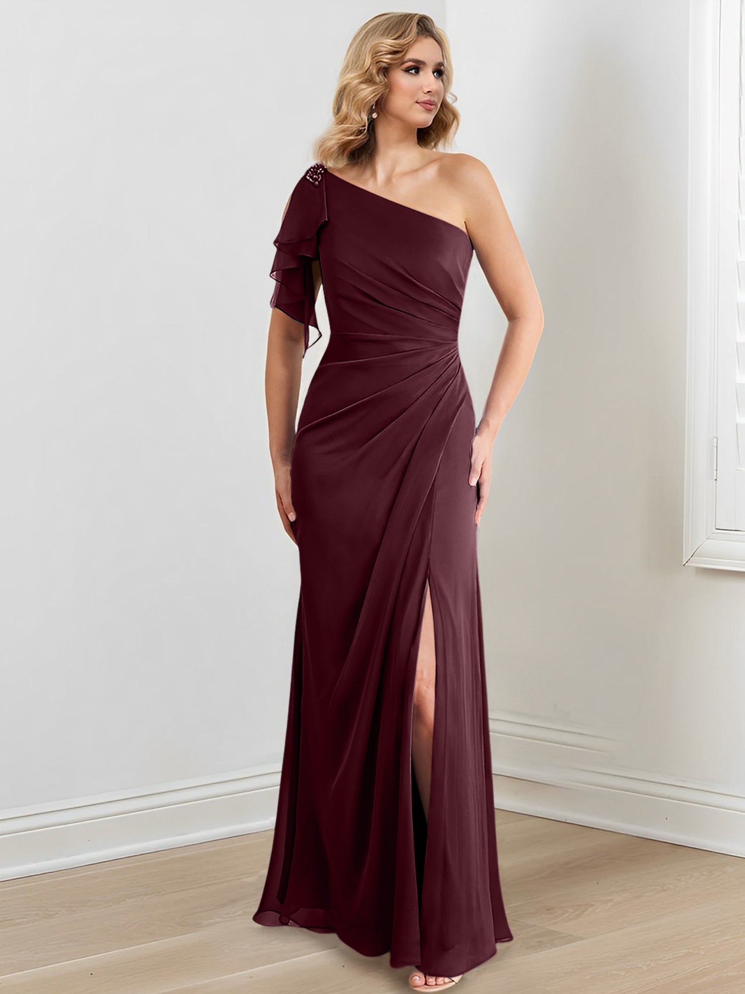 Elegant One-Shoulder Floor-Length Sheath/Column Gown for the Mother of the Bride