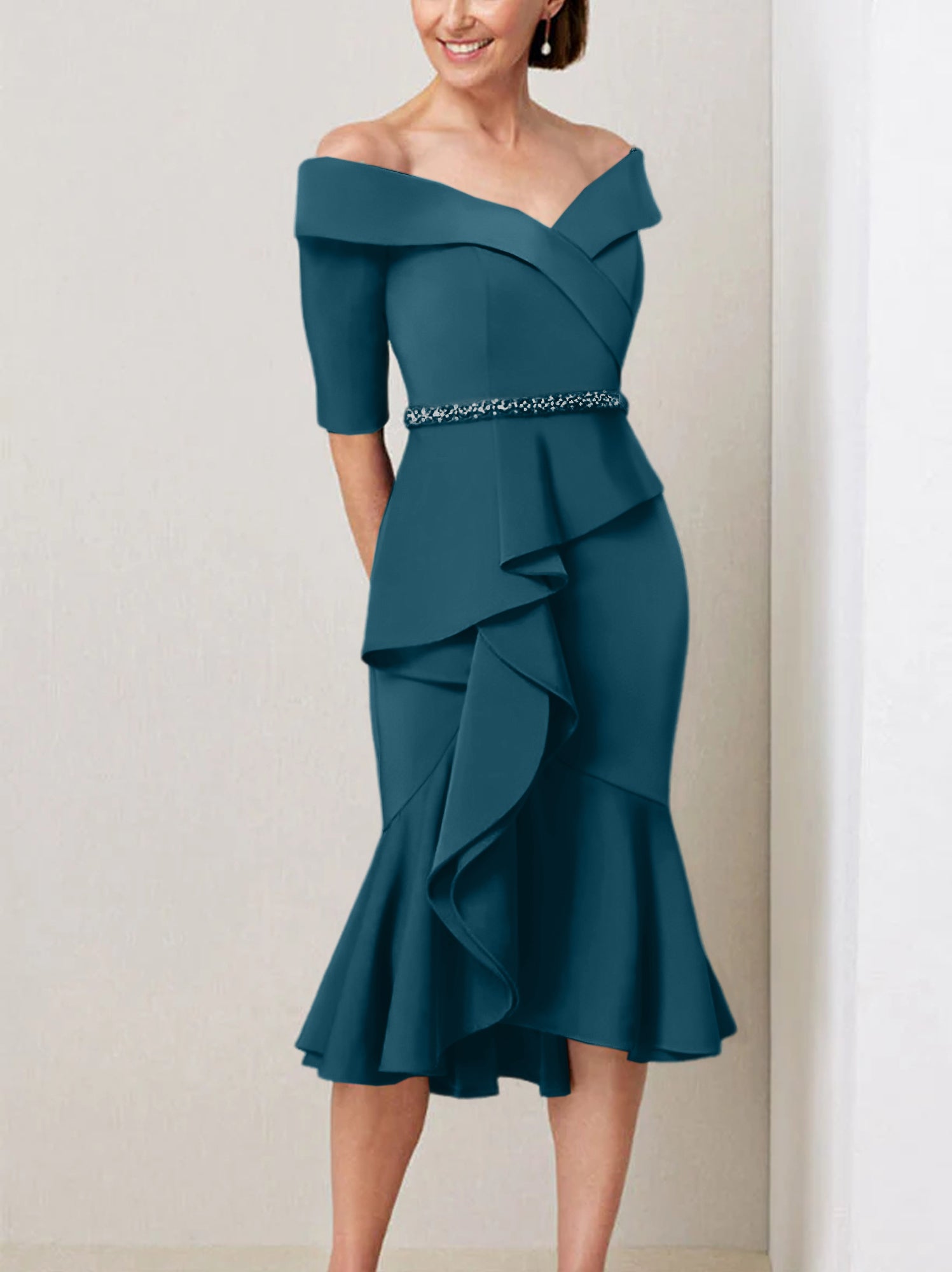 Off-the-Shoulder Beaded and Ruffled Mother of the Bride Sheath Dress with Half Sleeves