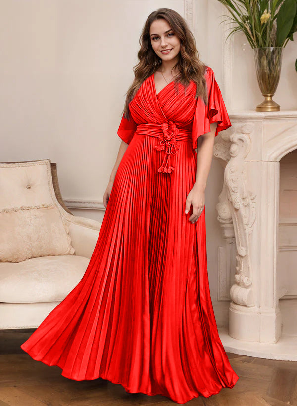 V-Neck A-Line Princess Short Sleeve Mother of the Bride Dress with Belt