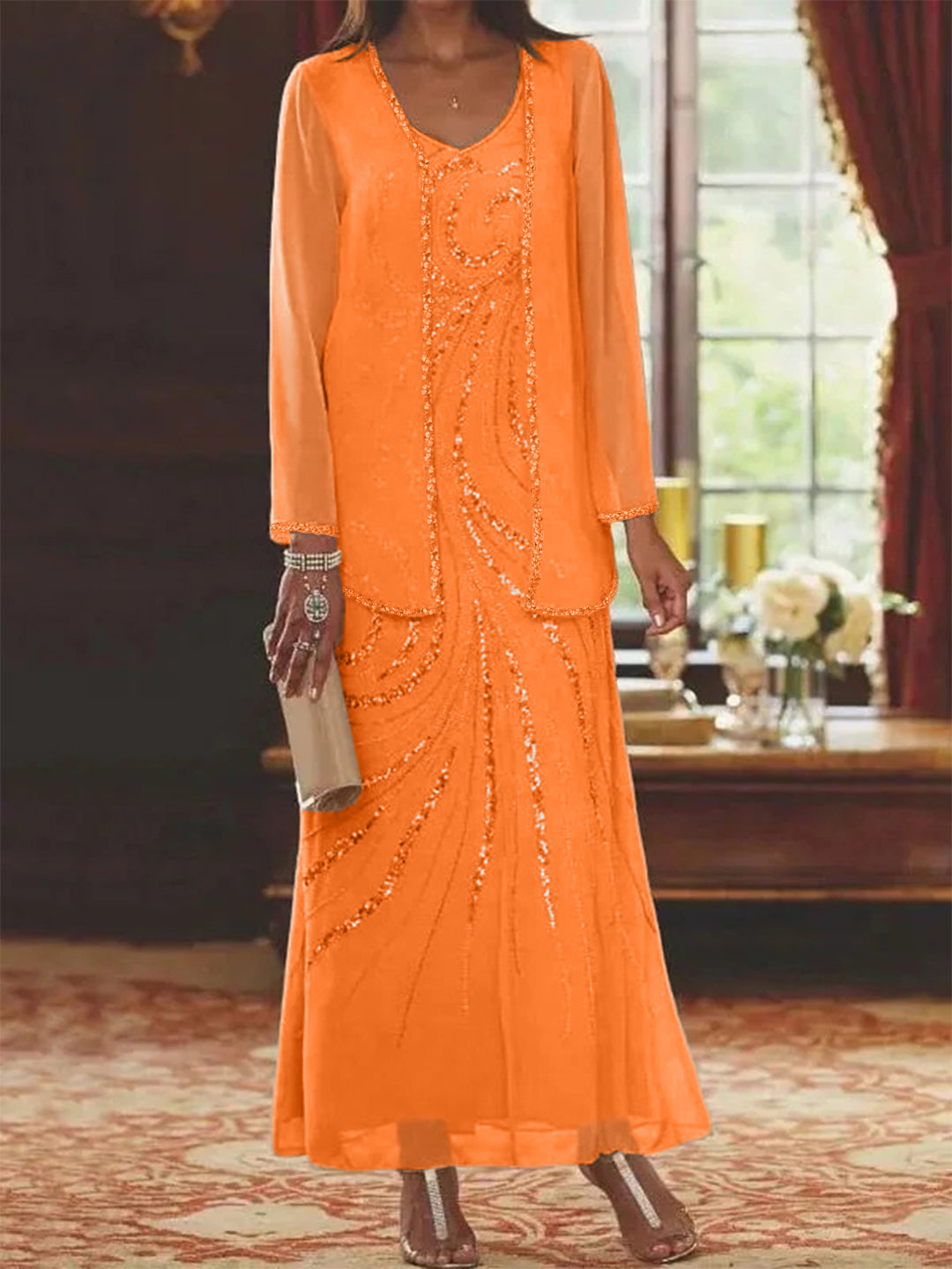 V-Neck Ankle-Length Sheath/Column Mother of the Bride Dresses with Sequins & Jacket