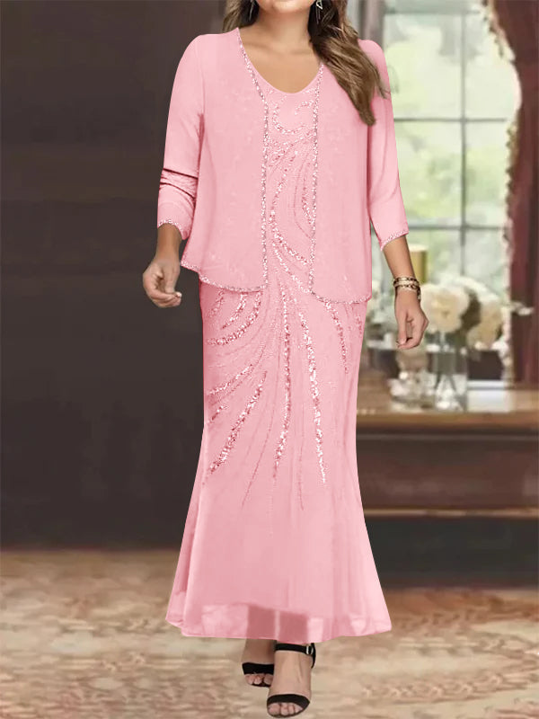 Plus Size V-Neck Ankle-Length Sheath/Column Mother of the Bride Dresses with Sequins & Jacket