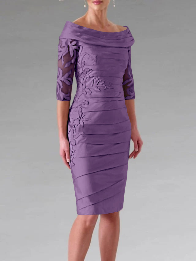Half-Sleeve Knee-Length Sheath/Column Mother of the Bride Dress with Ruching and Appliques