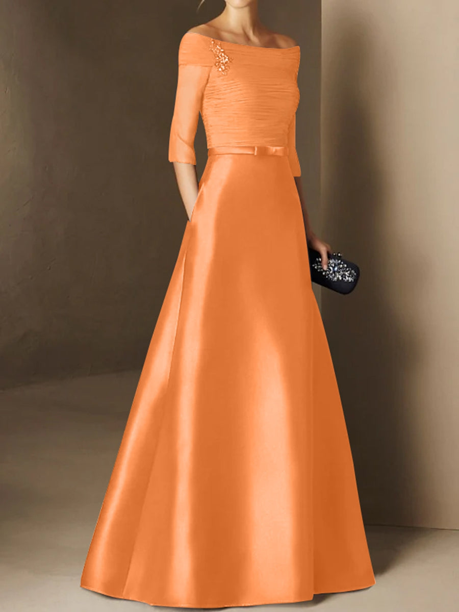 Short-Sleeve Off-the-Shoulder A-Line Mother of the Bride Dress with Belt Applique