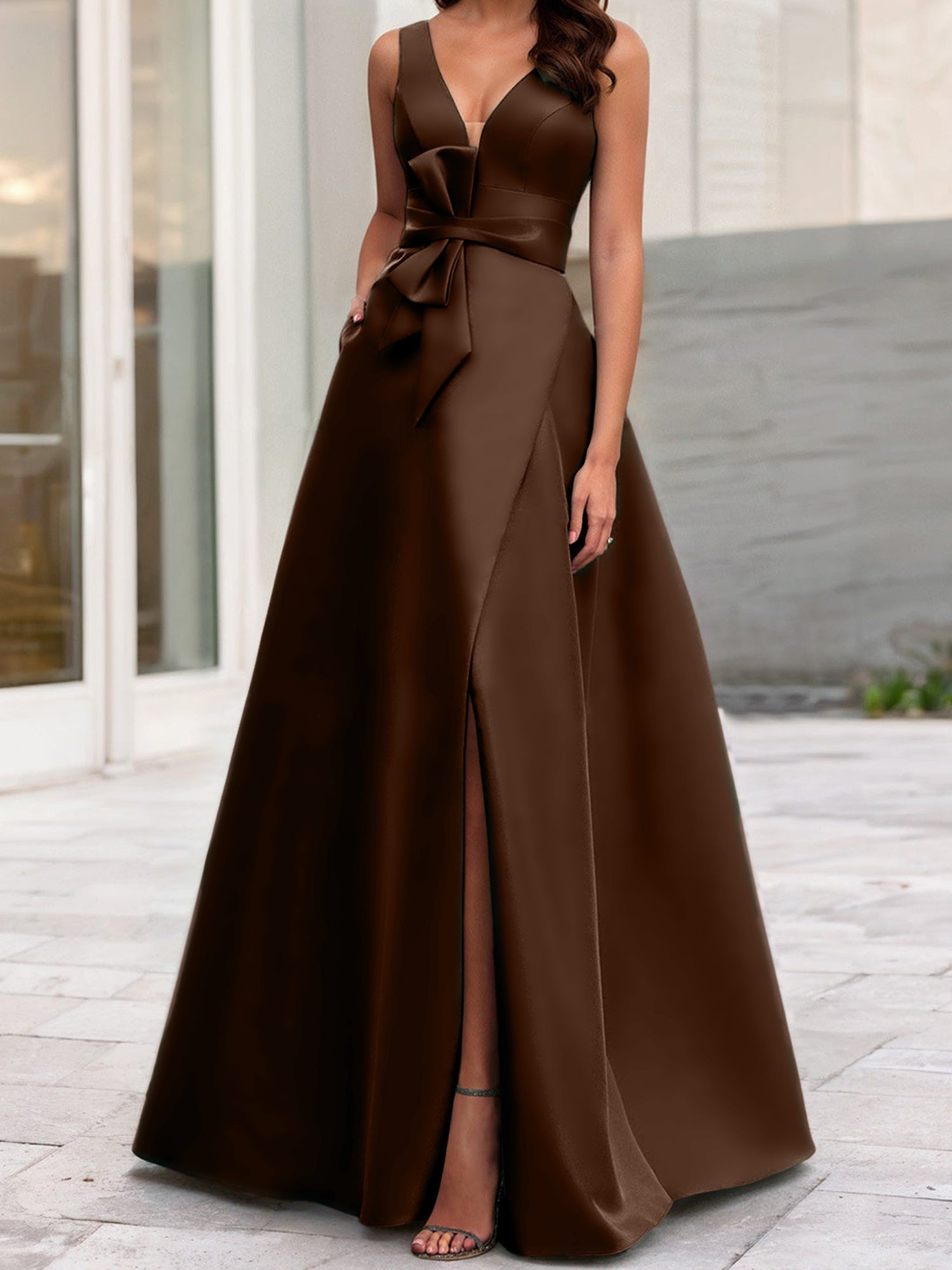 V-Neck Sleeveless A-Line Princess Mother Of The Bride Dress With Side Split