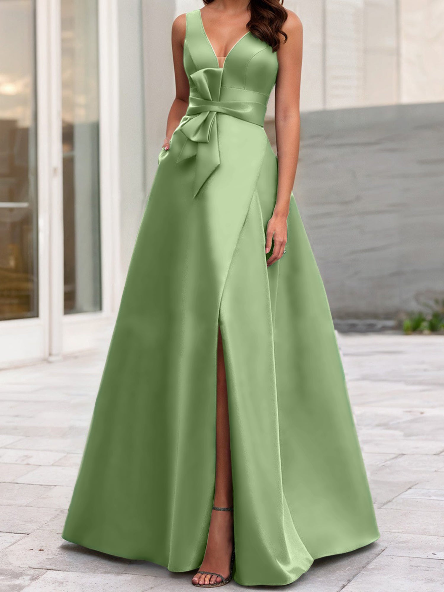 V-Neck Sleeveless A-Line Princess Mother Of The Bride Dress With Side Split