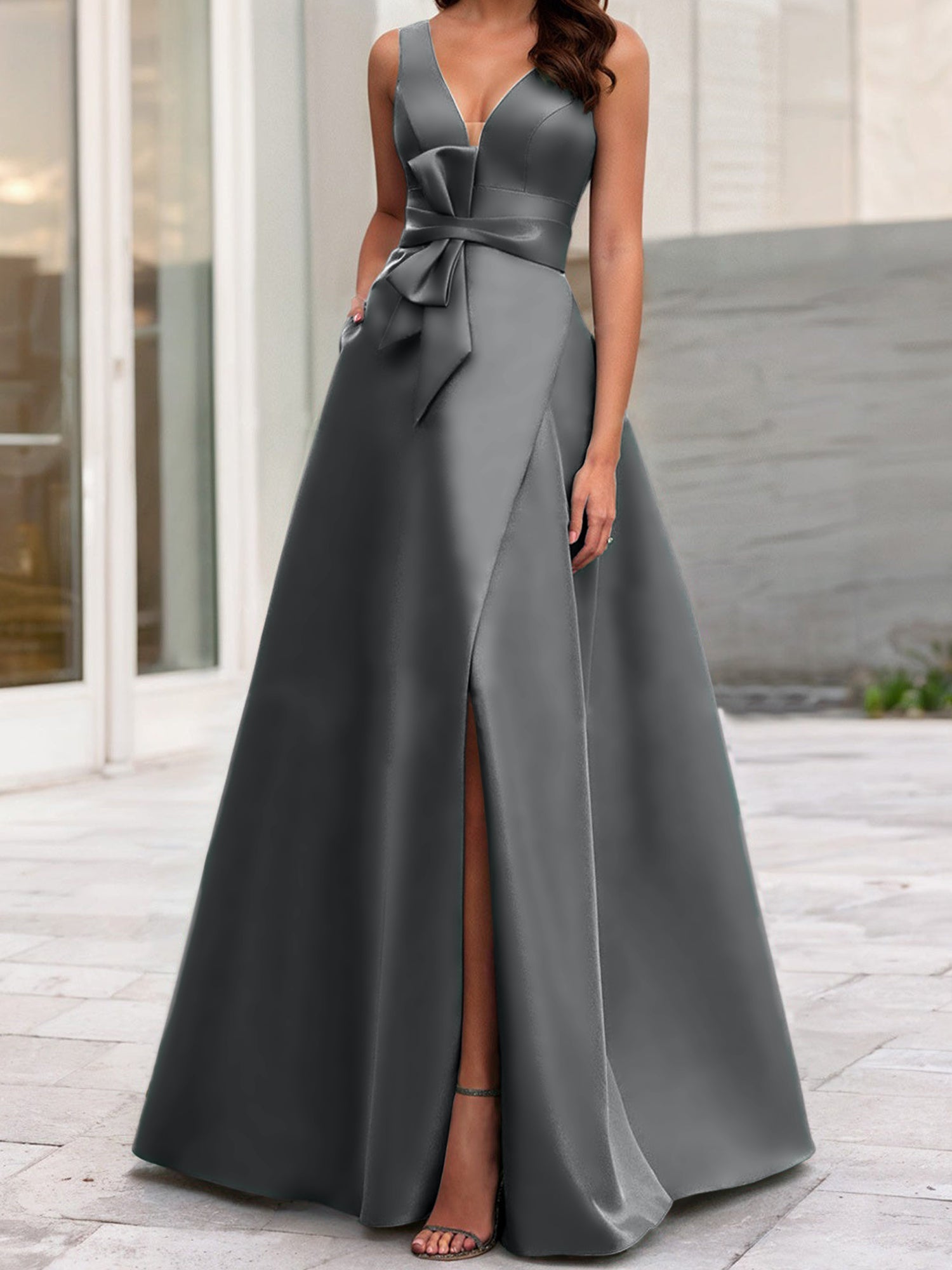 V-Neck Sleeveless A-Line Princess Mother Of The Bride Dress With Side Split