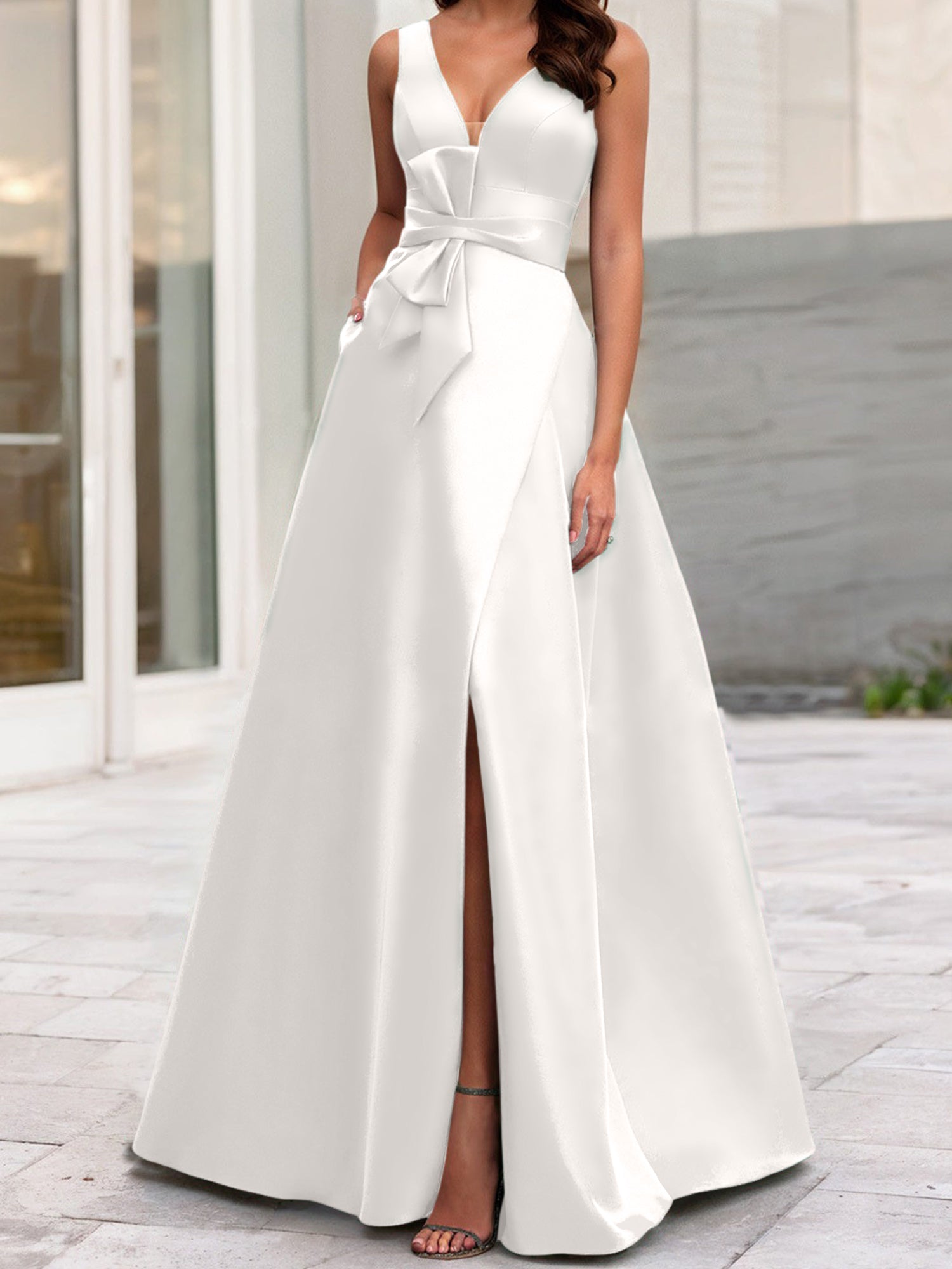 V-Neck Sleeveless A-Line Princess Mother Of The Bride Dress With Side Split