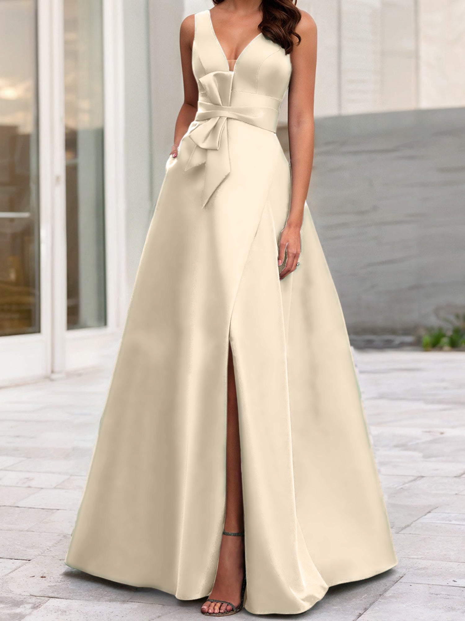V-Neck Sleeveless A-Line Princess Mother Of The Bride Dress With Side Split