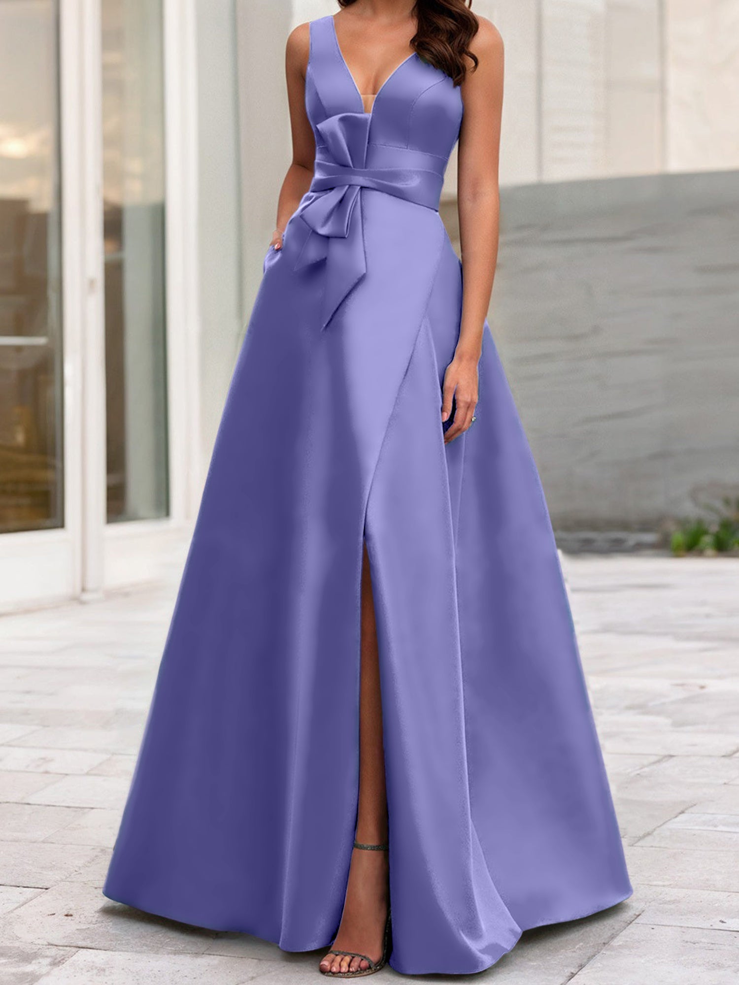 V-Neck Sleeveless A-Line Princess Mother Of The Bride Dress With Side Split