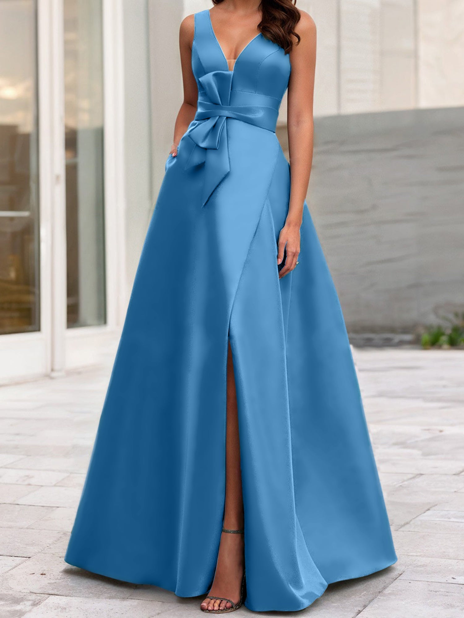 V-Neck Sleeveless A-Line Princess Mother Of The Bride Dress With Side Split