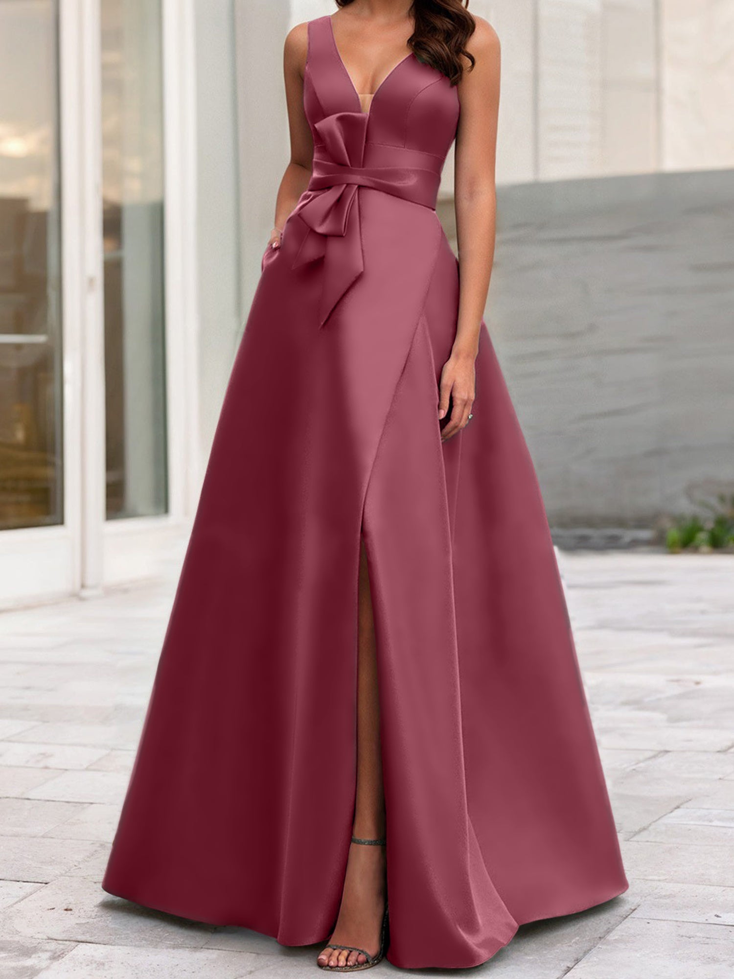 V-Neck Sleeveless A-Line Princess Mother Of The Bride Dress With Side Split