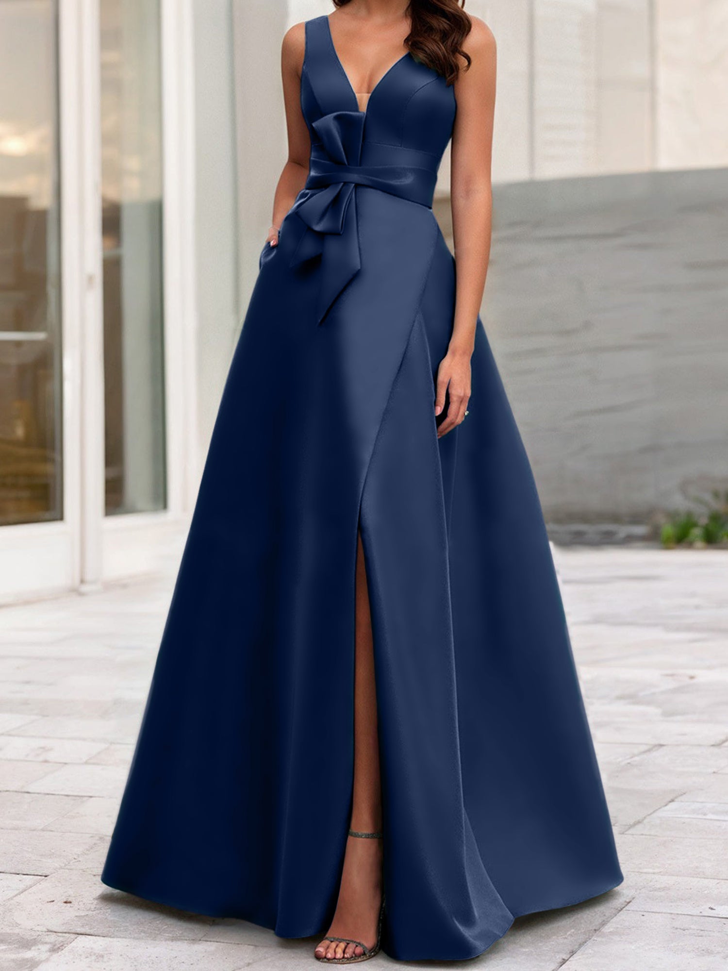 V-Neck Sleeveless A-Line Princess Mother Of The Bride Dress With Side Split