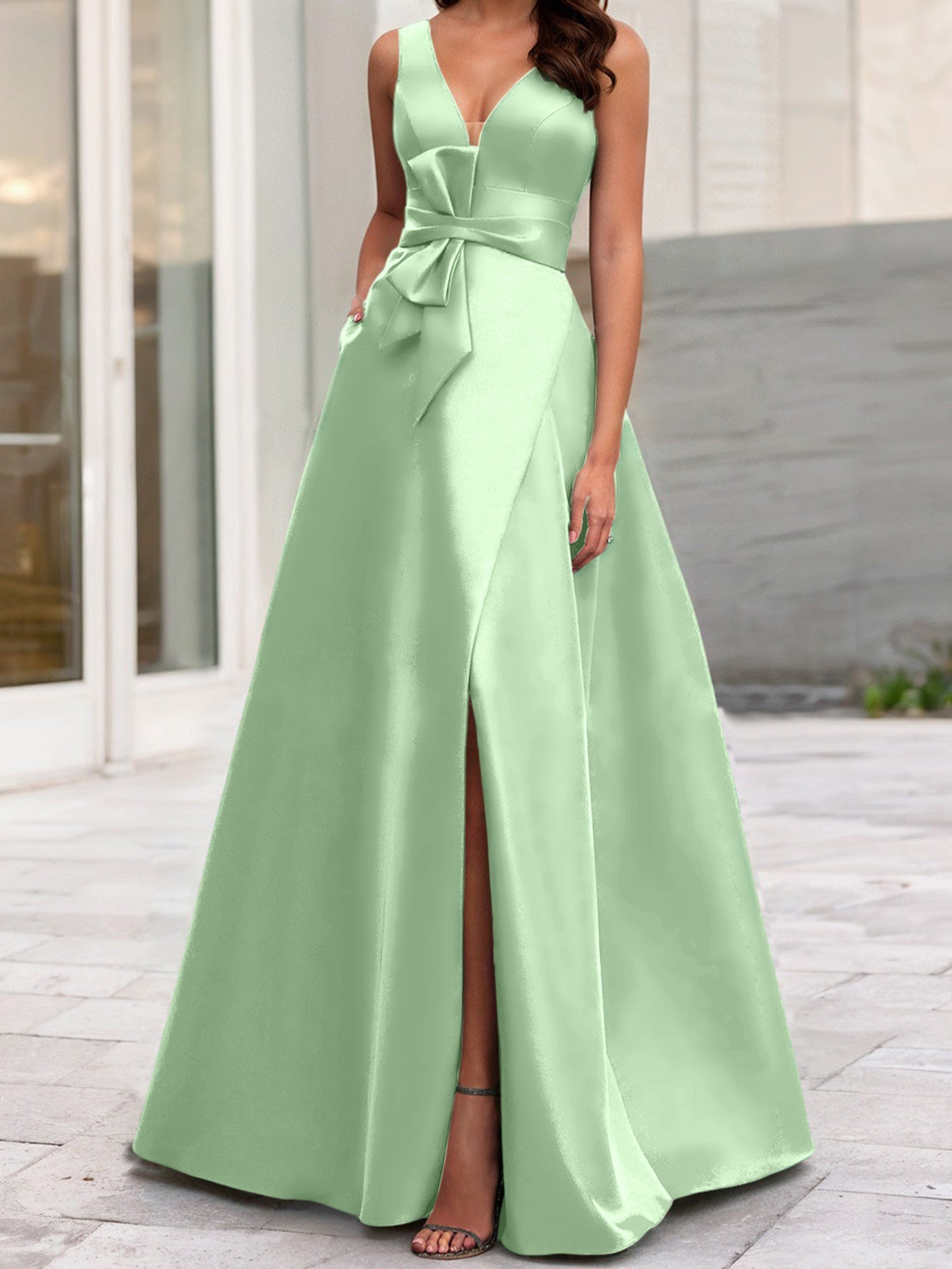 V-Neck Sleeveless A-Line Princess Mother Of The Bride Dress With Side Split