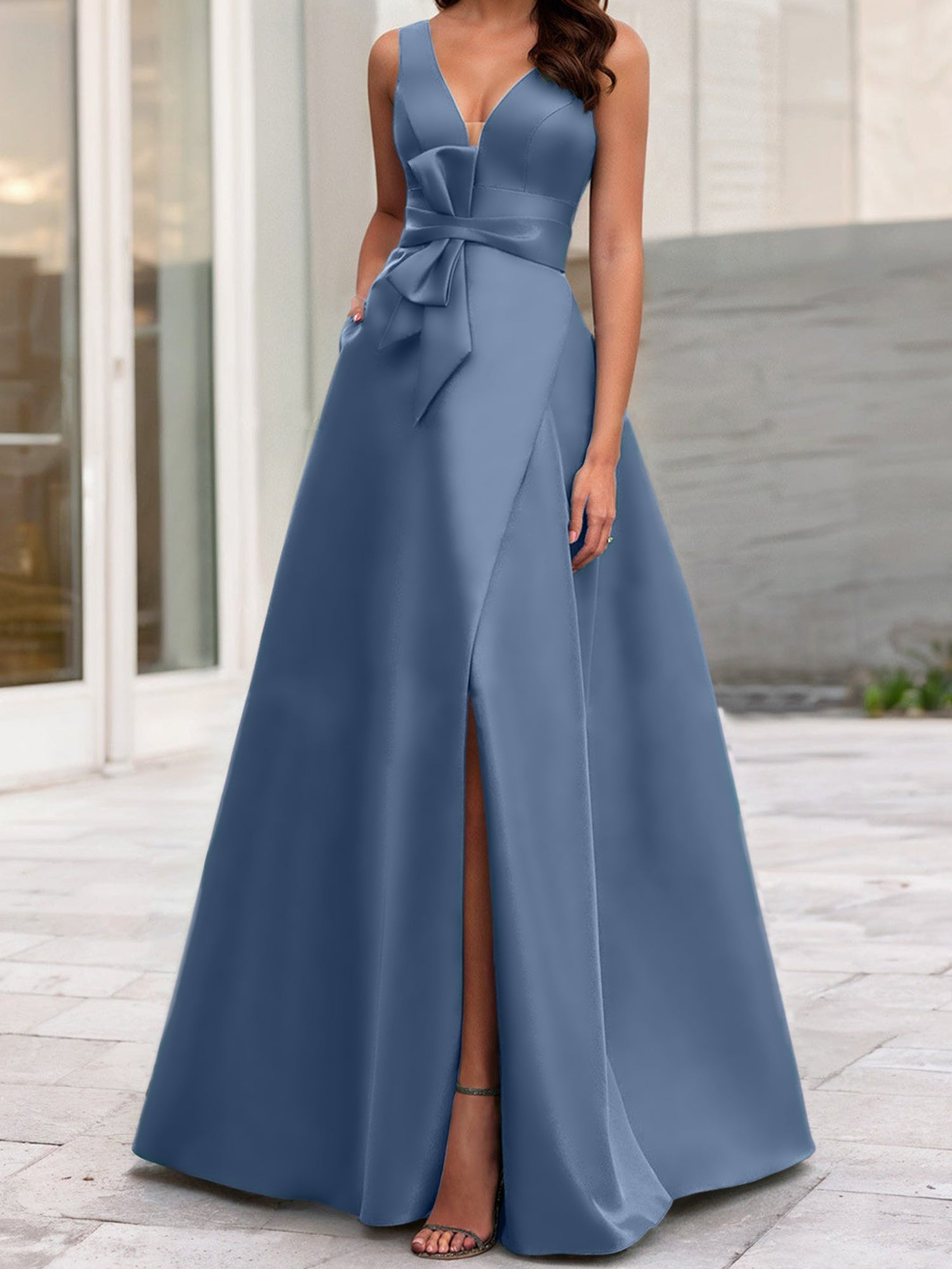 V-Neck Sleeveless A-Line Princess Mother Of The Bride Dress With Side Split