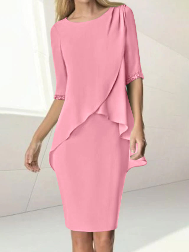Knee-Length Beaded Sheath Dress with Ruching for the Mother of the Bride