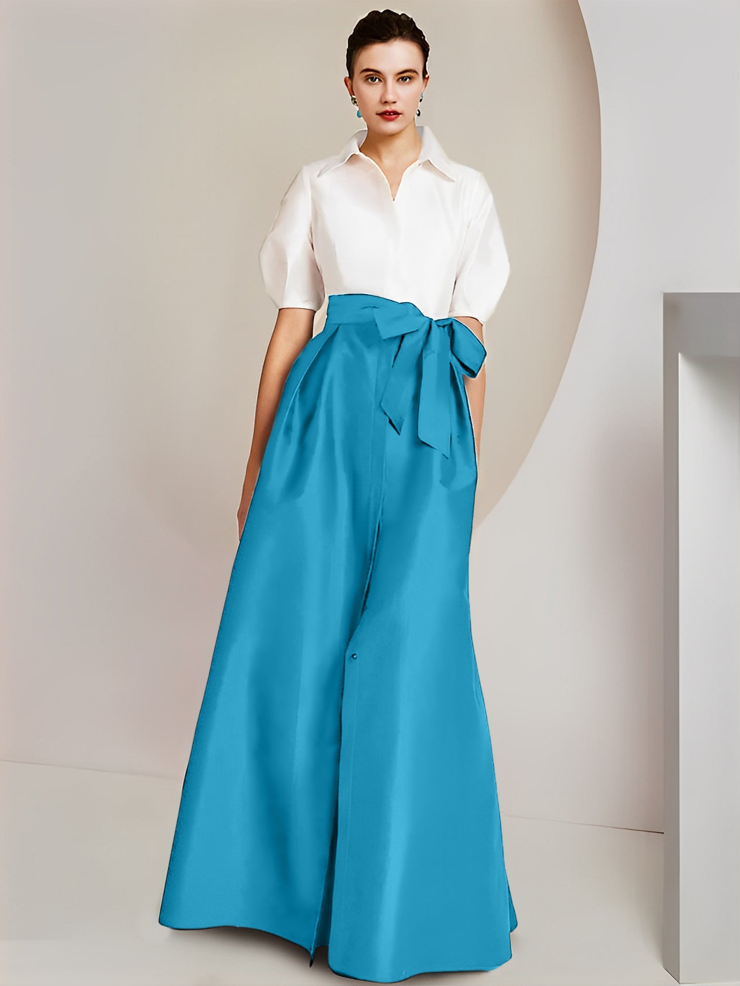 Princess/A-Line Floor-Length 2-Piece Mother of the Bride Dresses with Bowknot and Shirt Collar Short Sleeves