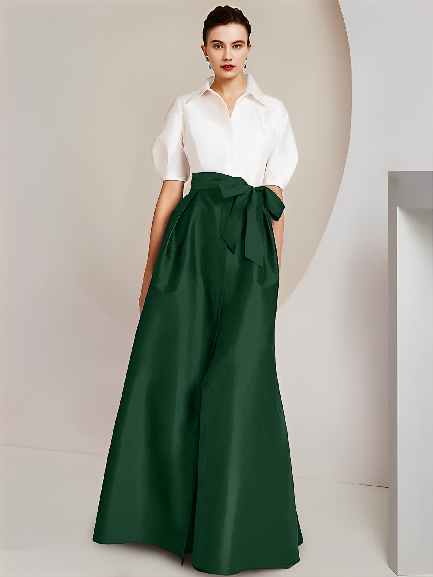 Princess/A-Line Floor-Length 2-Piece Mother of the Bride Dresses with Bowknot and Shirt Collar Short Sleeves