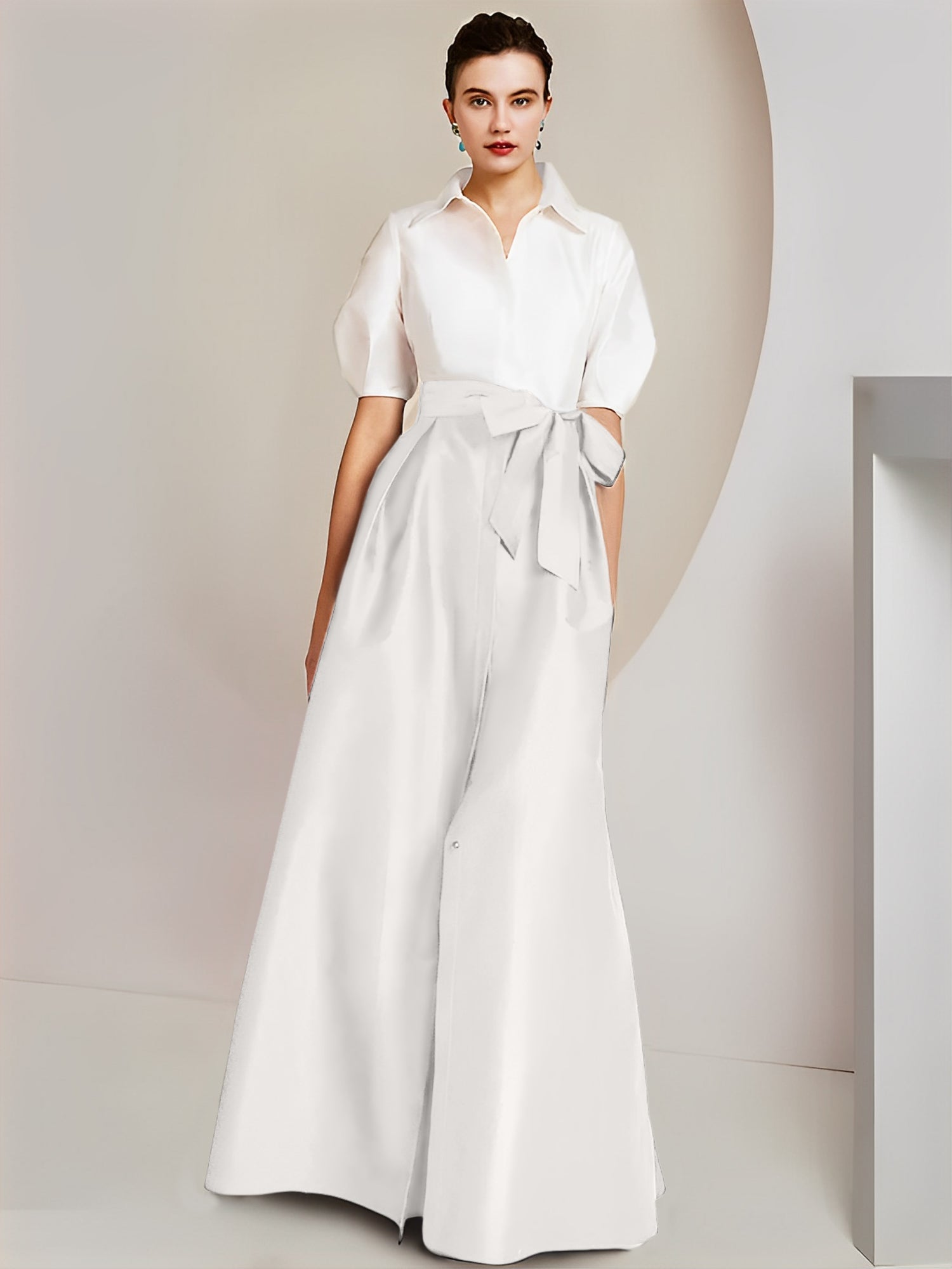 Princess/A-Line Floor-Length 2-Piece Mother of the Bride Dresses with Bowknot and Shirt Collar Short Sleeves