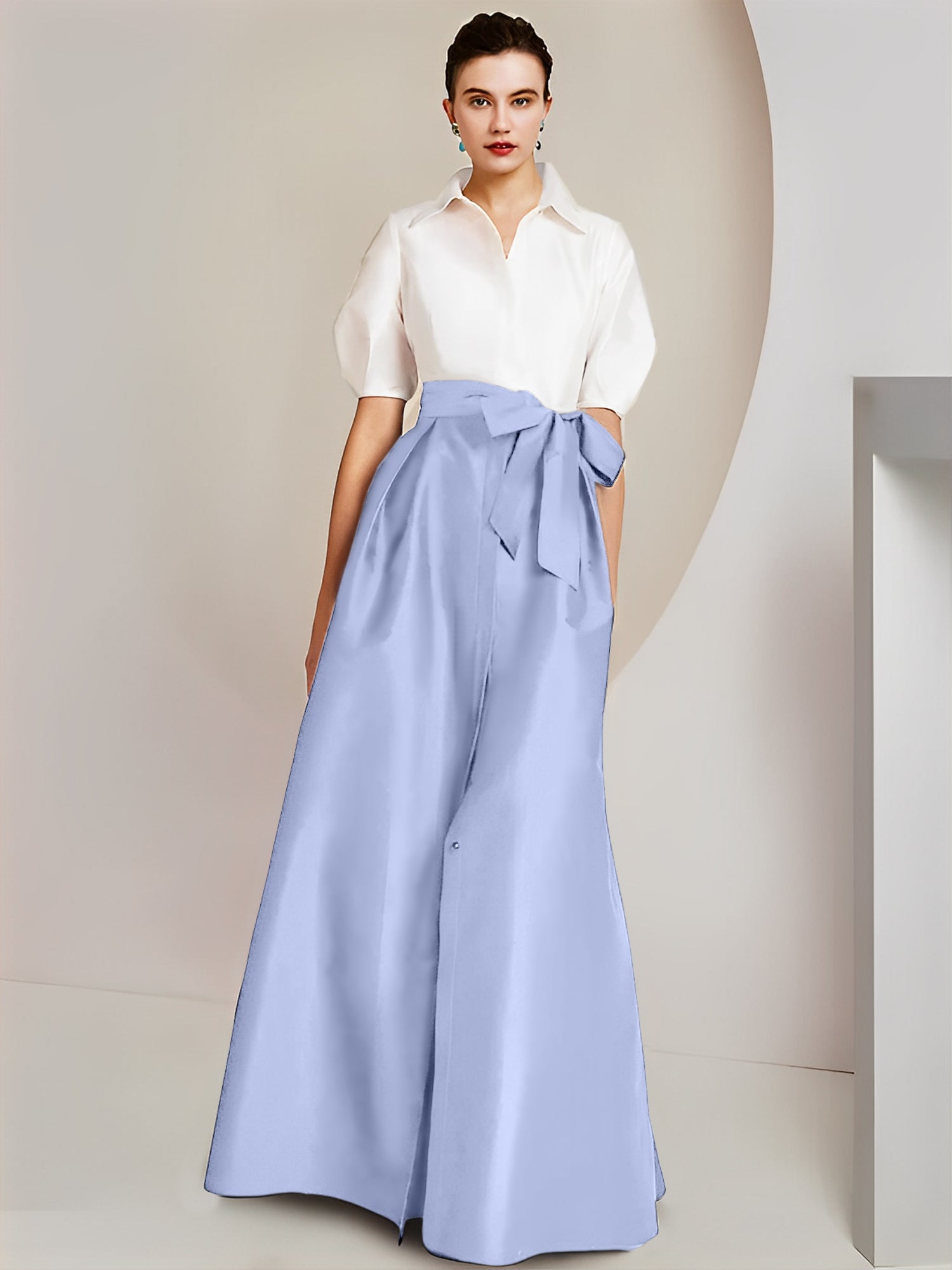Princess/A-Line Floor-Length 2-Piece Mother of the Bride Dresses with Bowknot and Shirt Collar Short Sleeves