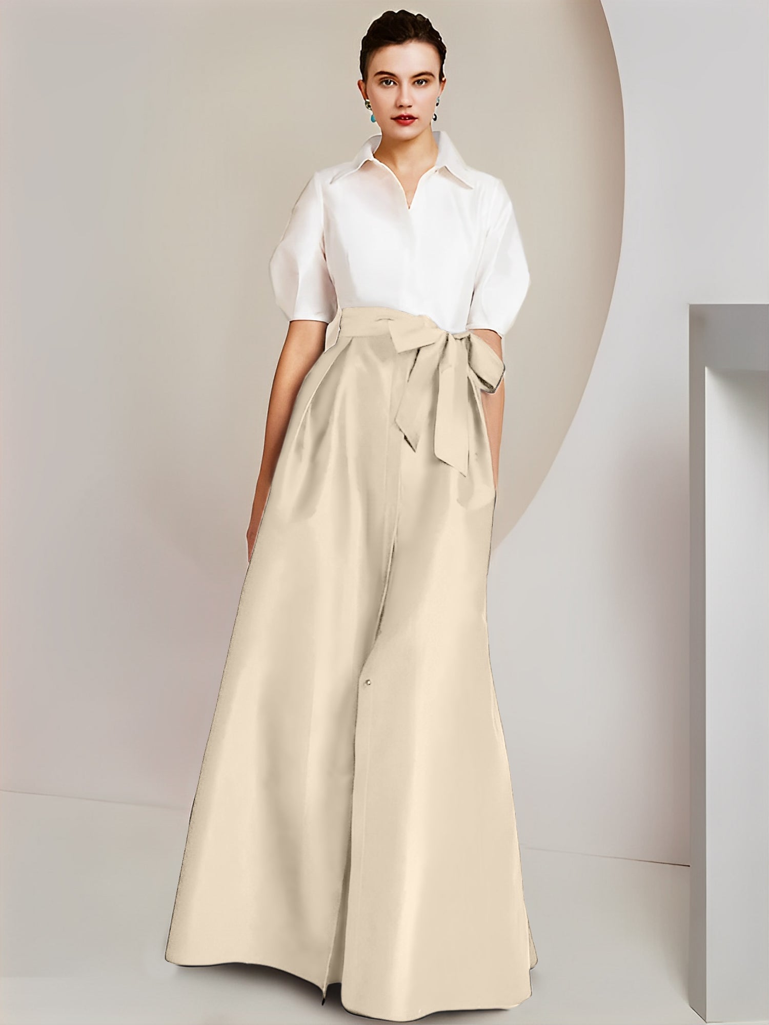 Princess/A-Line Floor-Length 2-Piece Mother of the Bride Dresses with Bowknot and Shirt Collar Short Sleeves