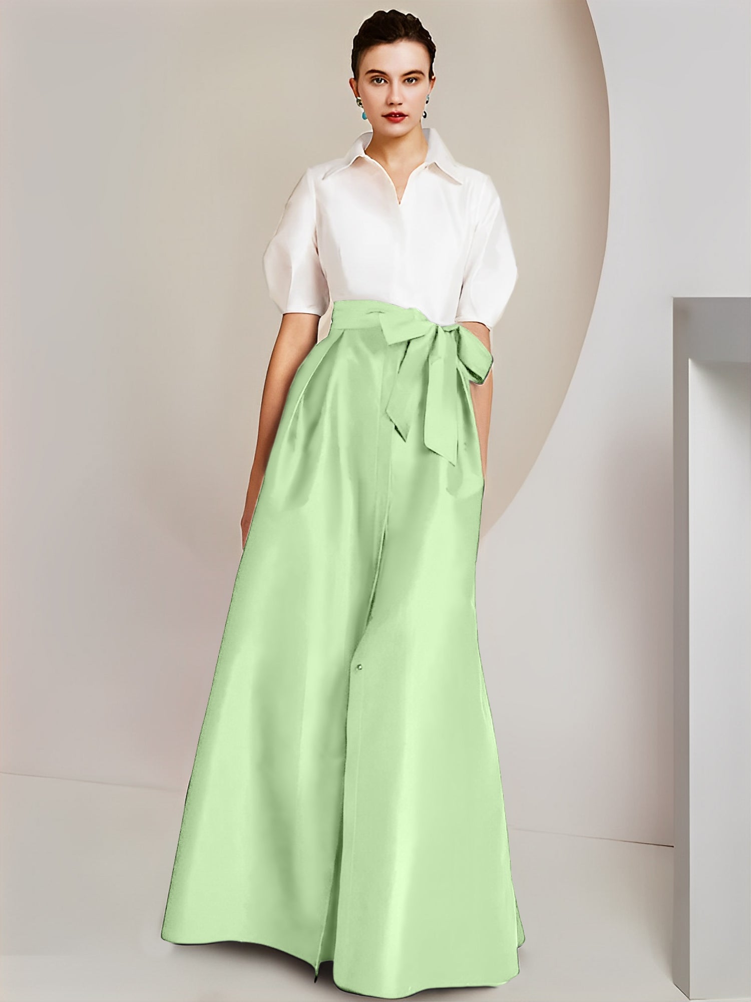 Princess/A-Line Floor-Length 2-Piece Mother of the Bride Dresses with Bowknot and Shirt Collar Short Sleeves