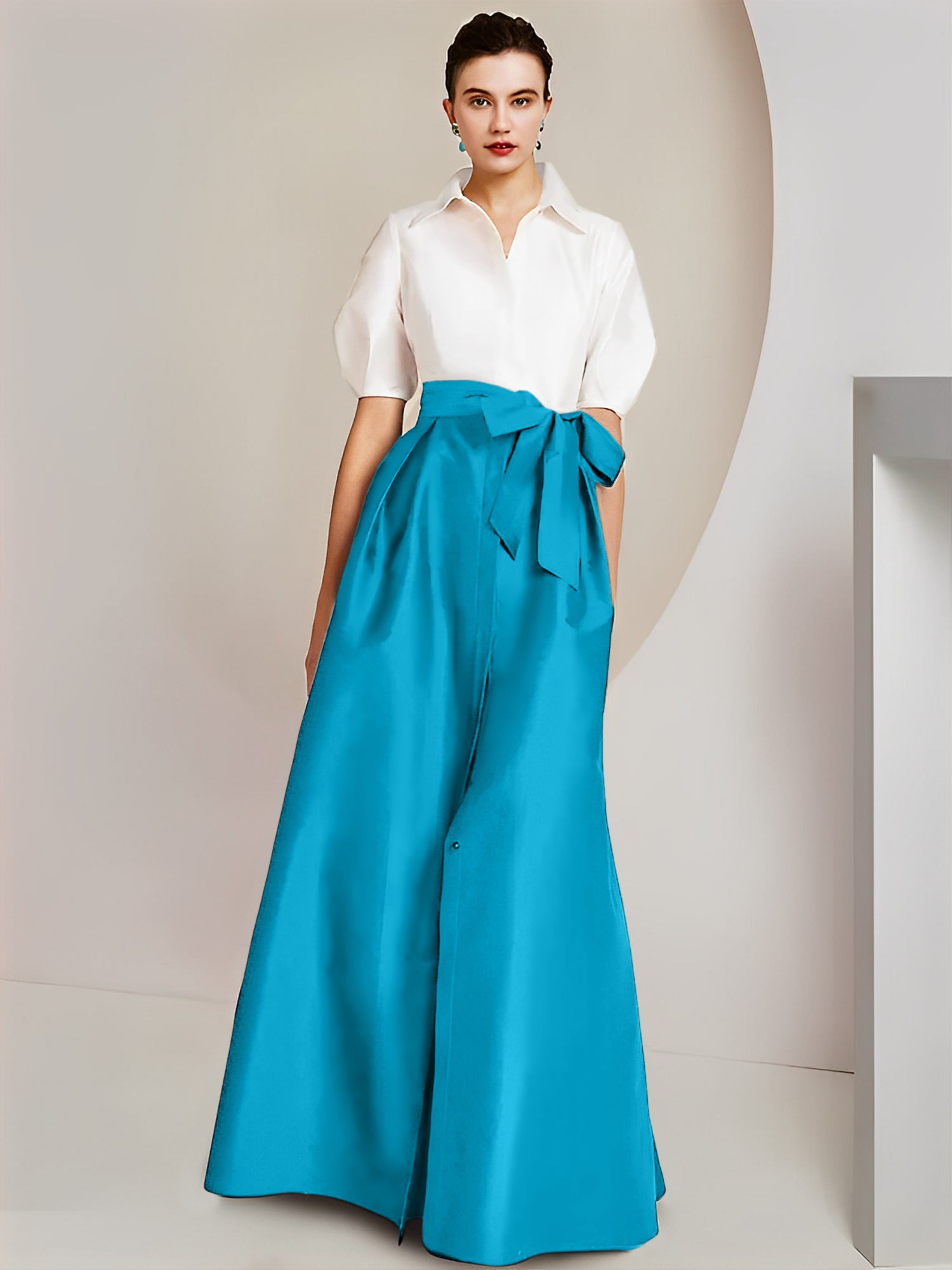 Princess/A-Line Floor-Length 2-Piece Mother of the Bride Dresses with Bowknot and Shirt Collar Short Sleeves