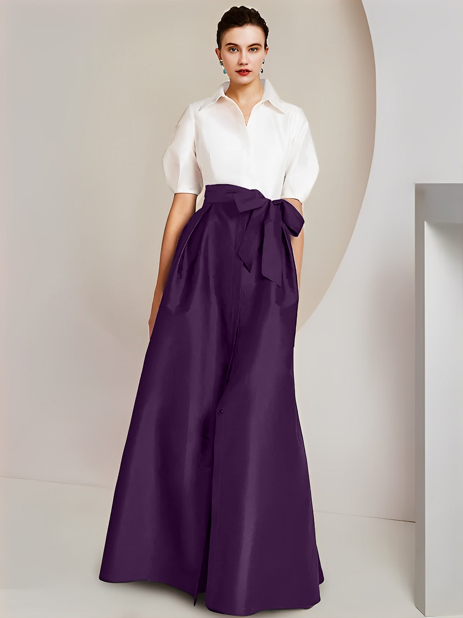 Princess/A-Line Floor-Length 2-Piece Mother of the Bride Dresses with Bowknot and Shirt Collar Short Sleeves